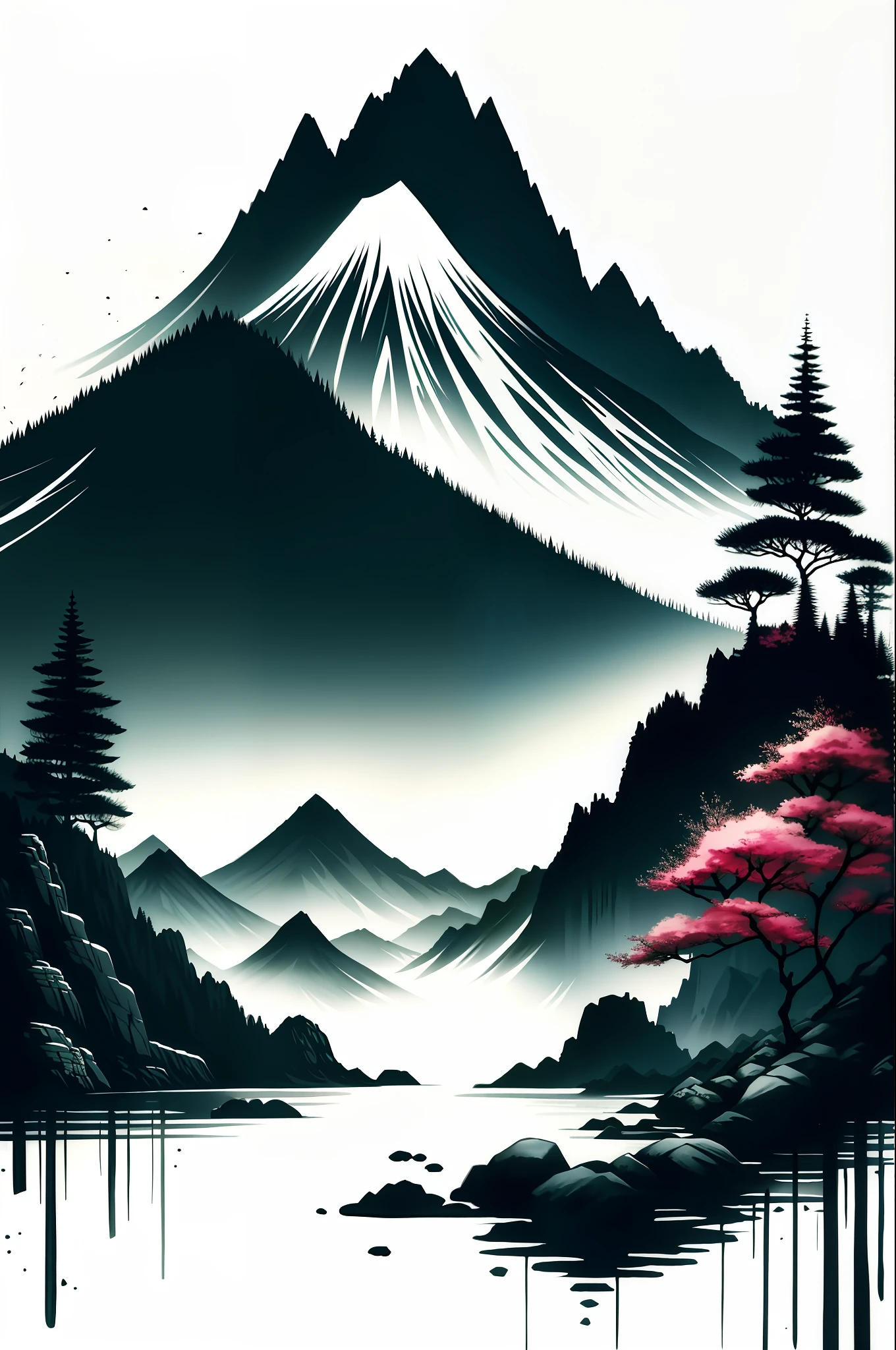 white background, scenery, ink, mountains, water, trees