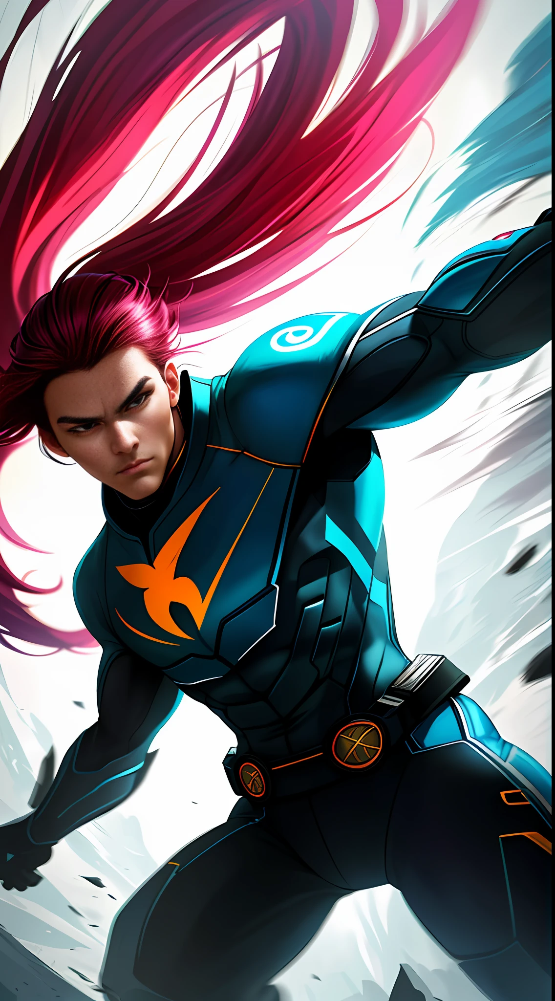 "(((artwork))), best quality, vibrant colorful design, energetic and determined hero, ultra-detailed details, soft edges, cool clothes, dynamic and attractive background, intense and dramatic lighting."