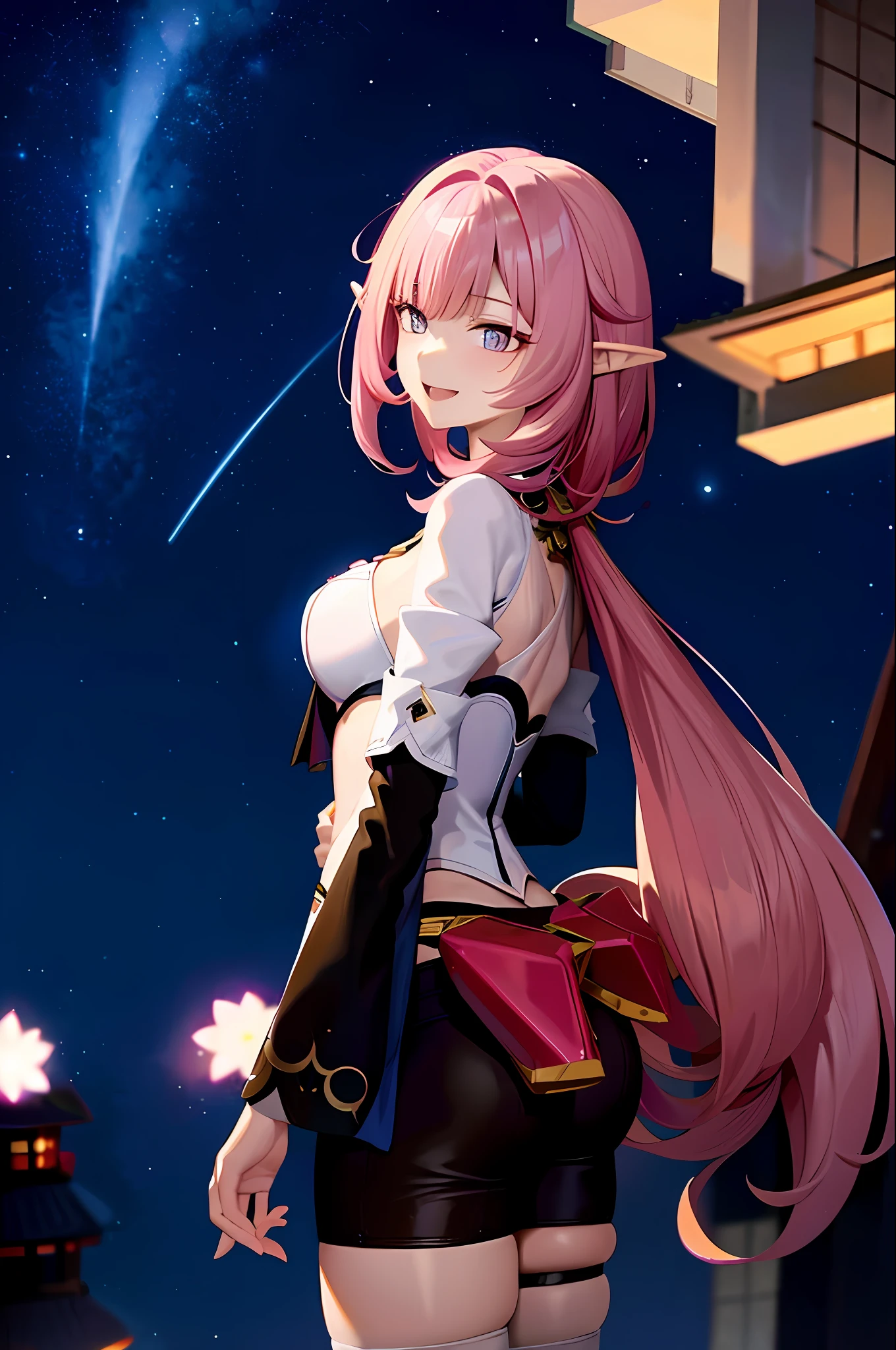 japanese woman, sexy body, realistic masterpiece, top quality, absurdity, Elysia (Miss Pink Elf) (Honkai Impact), slit eyes, Elysia (Honkai Impact), elf, pointed ears, 1 girl, breasts, split, pink hair, solo, headdress, smile, blue eyes, long hair, viewer, open mouth, bangs, :d, sky, stars (sky), black shorts, big breasts, starry sky, shorts, night sky, arm back, night, long sleeves, Pink eyes