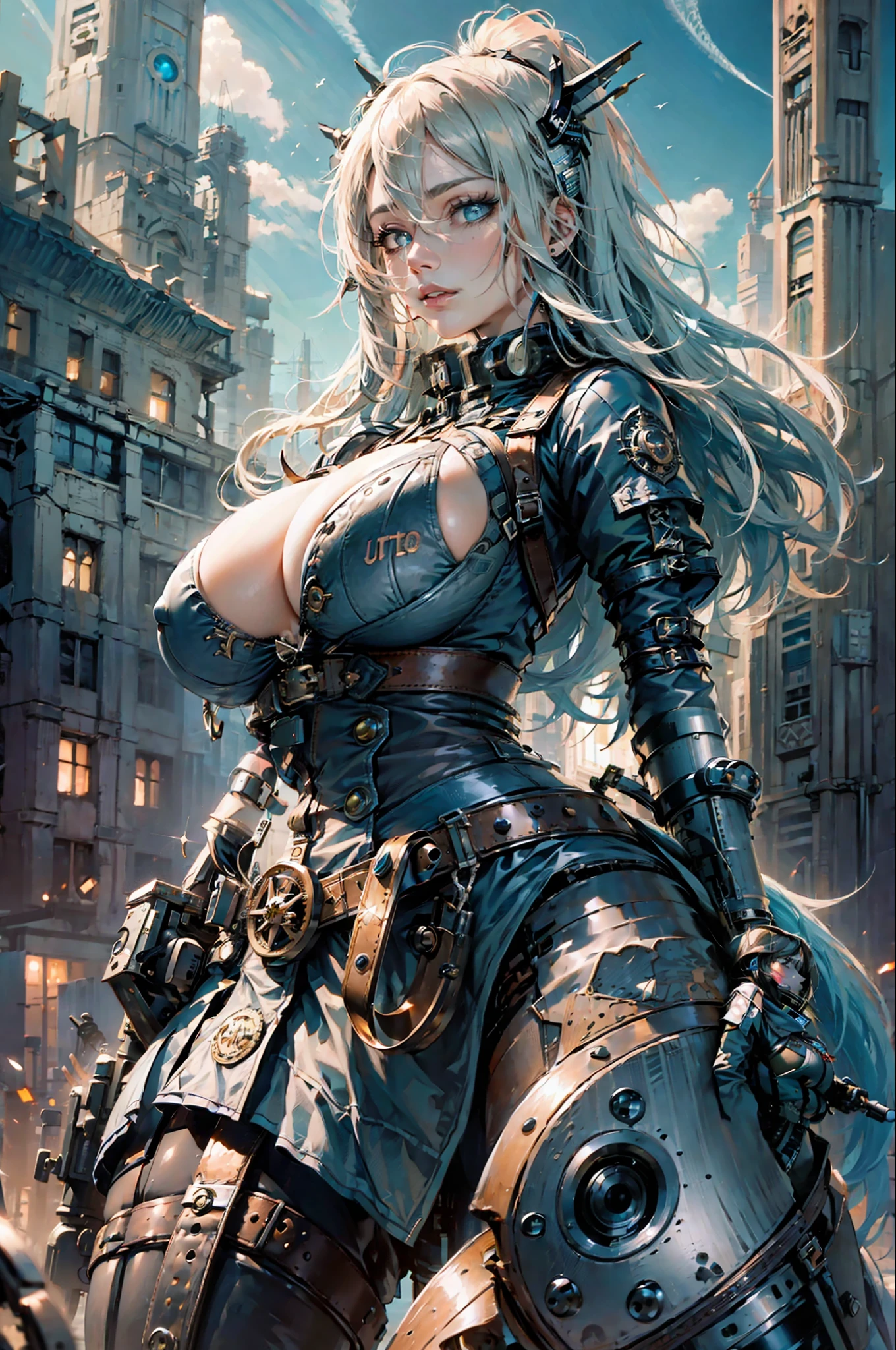 (ultra gigantic large sagging breast:1.8),(((dynamic pose, dynamic camera shot)))marked under the clothes, marked cameltoe,(absurdres, highres, ultra detailed), 1woman, mature female, aged up, wavy long hair, split-color hair, heterochromia, bangs, long sleeves, finely detailed eyes and detailed face, extremely detailed CG unity 8k wallpaper, intricate details, (style-rustmagic:0.8), (medieval cyborg:0.8), portrait, (bloody wounds:0.7), looking at viewer, solo, half shot, detailed background, (steampunk theme:1.1) determined expression, dark couds technomancer, floating lights, color leather vest with gears, techwear, jetpack, workshop in background, machines, gears, steam, industry, technology, furnace, grime, anvil, buttons, levers, automaton, electricity, electric sparks epic atmosphere,, portrait