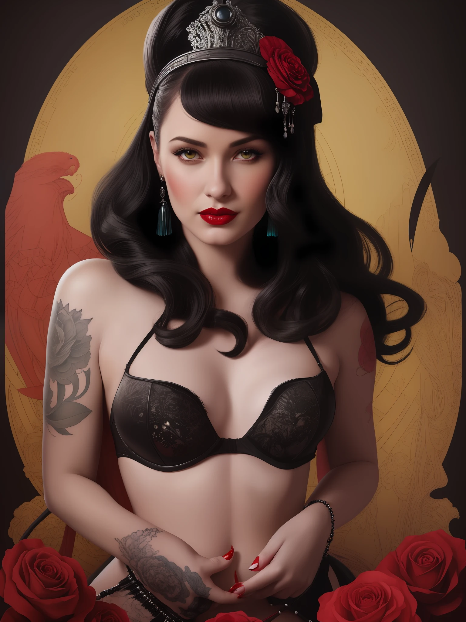 there is a woman with a tattoo on her chest and a red lipstick, martin ansin artwork portrait, stunning digital illustration, artstyle tom bagshaw, pinup art, stunning artwork, illustration art, by Galen Dara, artgerm and tom bagshaw, tom bagshaw style, rob rey and kentarõ miura style, art tom bagshaw, a ((film noir)) portrait painting of looking at the camera with a subtle smile, she is wearing red lipstick and small black earrings and has bare shoulders and ((Luxury Burlesque Illusion Nipple Tassels Pasties breasts)), shaft of light, by Gediminas Pranckevicius, Jean Giraud, Russ Mills, Carne Griffiths