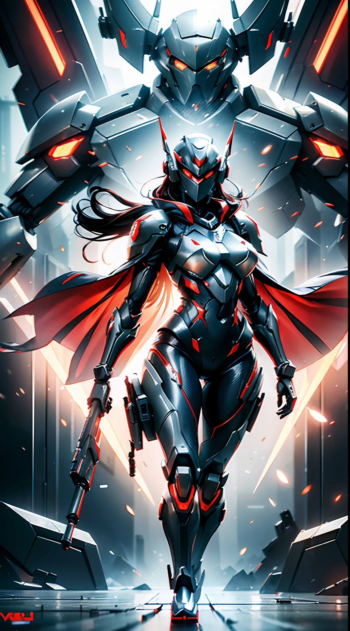 (((tall young Asian woman with perfect body proportions))), textured mech, surrealism, cubist futurism, V-shaped helmet covering face, melon face, black and red extremely complex cruel Valkyrie mech suit, white messy long hair, red glowing eyes, gun action, tattered red knight long cloak unfolded, a large horror machine stands behind it, Ultra HD, Panorama, chiaroscuro, Cinematic lighting, ray tracing, character diagram, f/1.8, Sony FE, best quality, High resolution, live-action, 3D effects