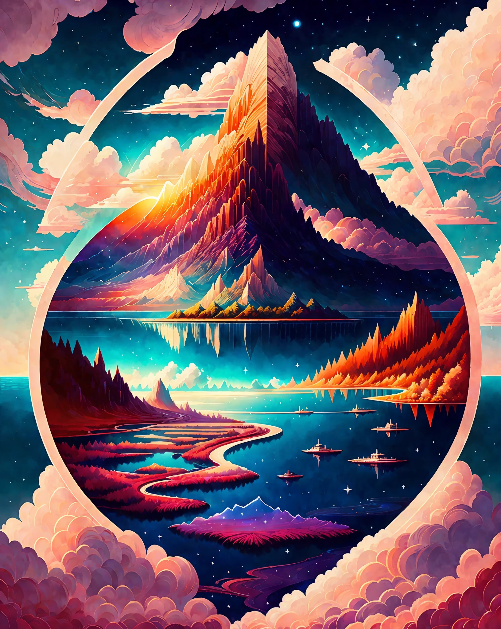 A beautiful land full of water and and clouds, astrophotogr,masterpiece, expert, insanely detailed, 4k, composition, centered, painted, intricate, volumetric lighting, beautiful, rich deep color masterpiece, sharp focus, ultra detailed, no dan mumford and marc simonetti style, vector, print