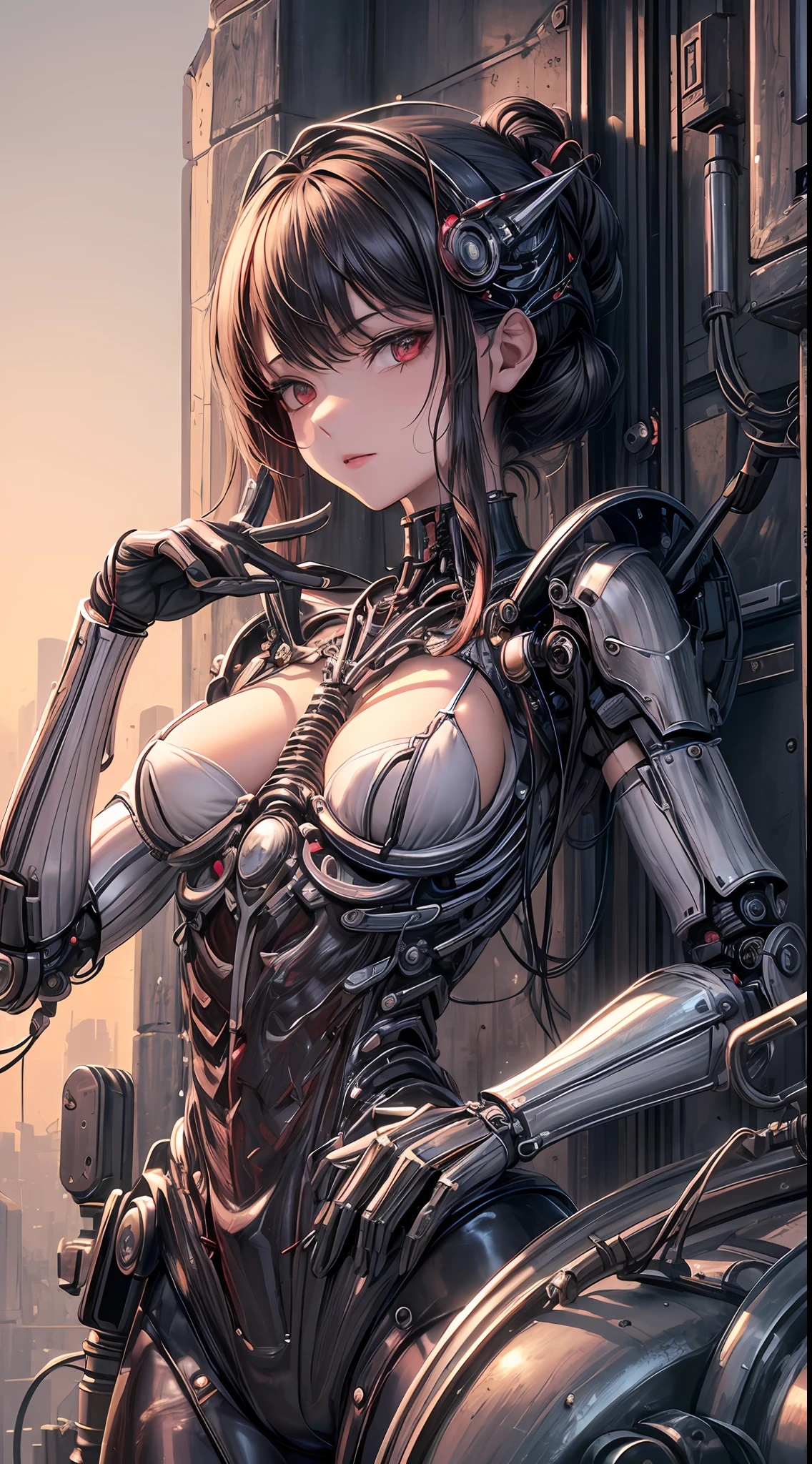 (((Masterpiece))), ((Best Quality)), (Super Detail), (CG Illustration), (Very Evil and Beautiful)), Cinematic Light, ((1 Mechanical Girl)), Single, (Mechanical Art: 1.4), ((Mechanical limb)), (Blood vessel attached to a tube), ((Mechanical spine attached to the back)), ((Mechanical cervical vertebrae attached to the neck), (Back to the viewer)), expressionless, ( Wires and cables attached to the head and body: 1.5), Science Fiction, Apocalypse, Ruins, (Lower Body Integrated with Mechanical Devices), (Blood: 1.5), Cruelty, Absurdity, Eroglotesque, Fusion with Machines, Doomsday Time, Super Future, Inorganic, Laboratory, Restraint, (Beautiful Indulgence: 1.2), (1 Girl: 1.3)