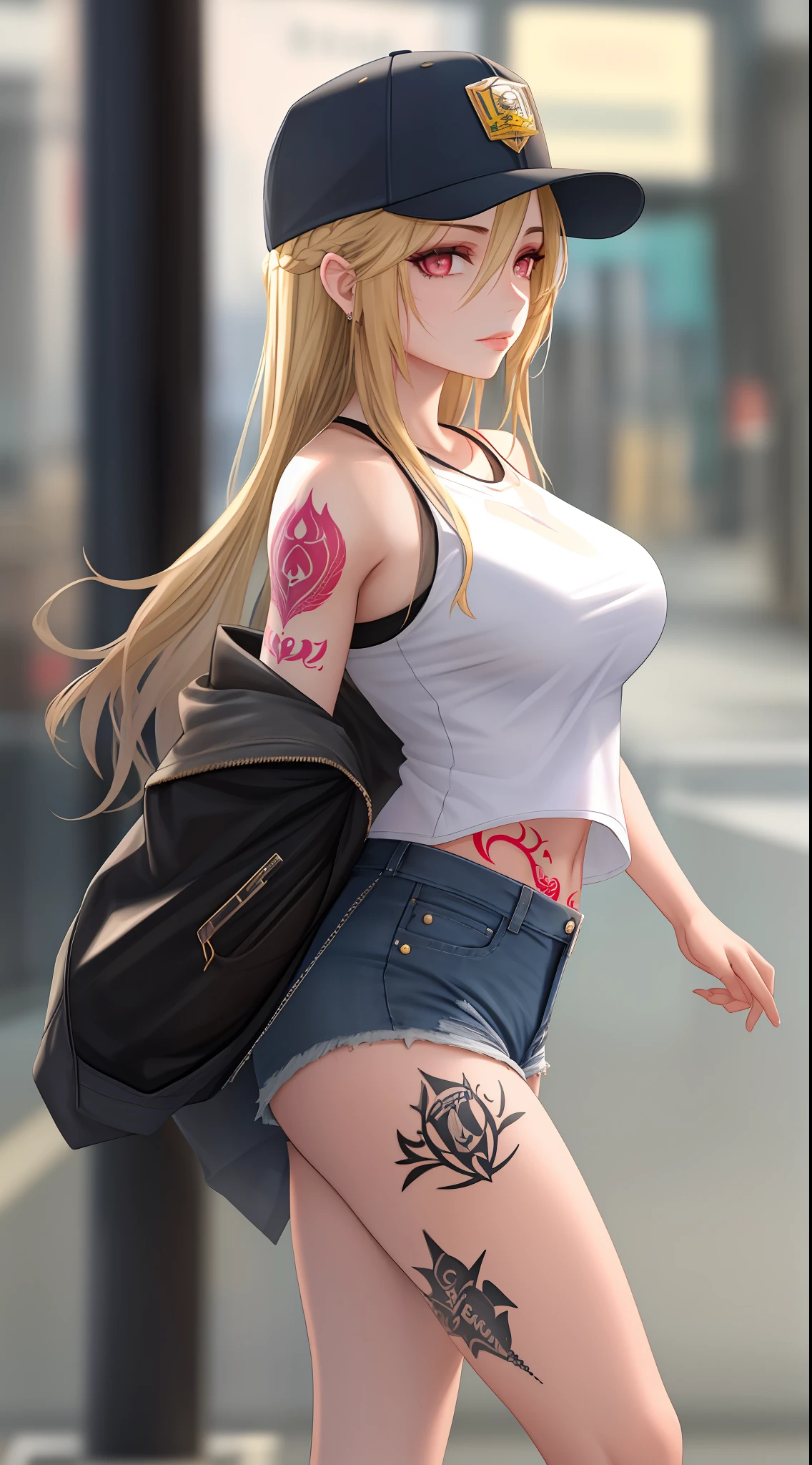 A woman with long hair and a baseball cap walking down the street, Aramenta Dianthe Vail, tattoo, tattoo, low eyebrow, 1girl, 3d, badge, baseball cap, blonde, blur, blurred background, blurred foreground, breasts, clothes_writing, denim, denim_shorts, depth_of_field, hat, lips, long_hair, looking_at_viewer , makeup, medium_breasts, photo_ (medium), photo_background, shoulder_tattoo, skirts, solo, tattoos