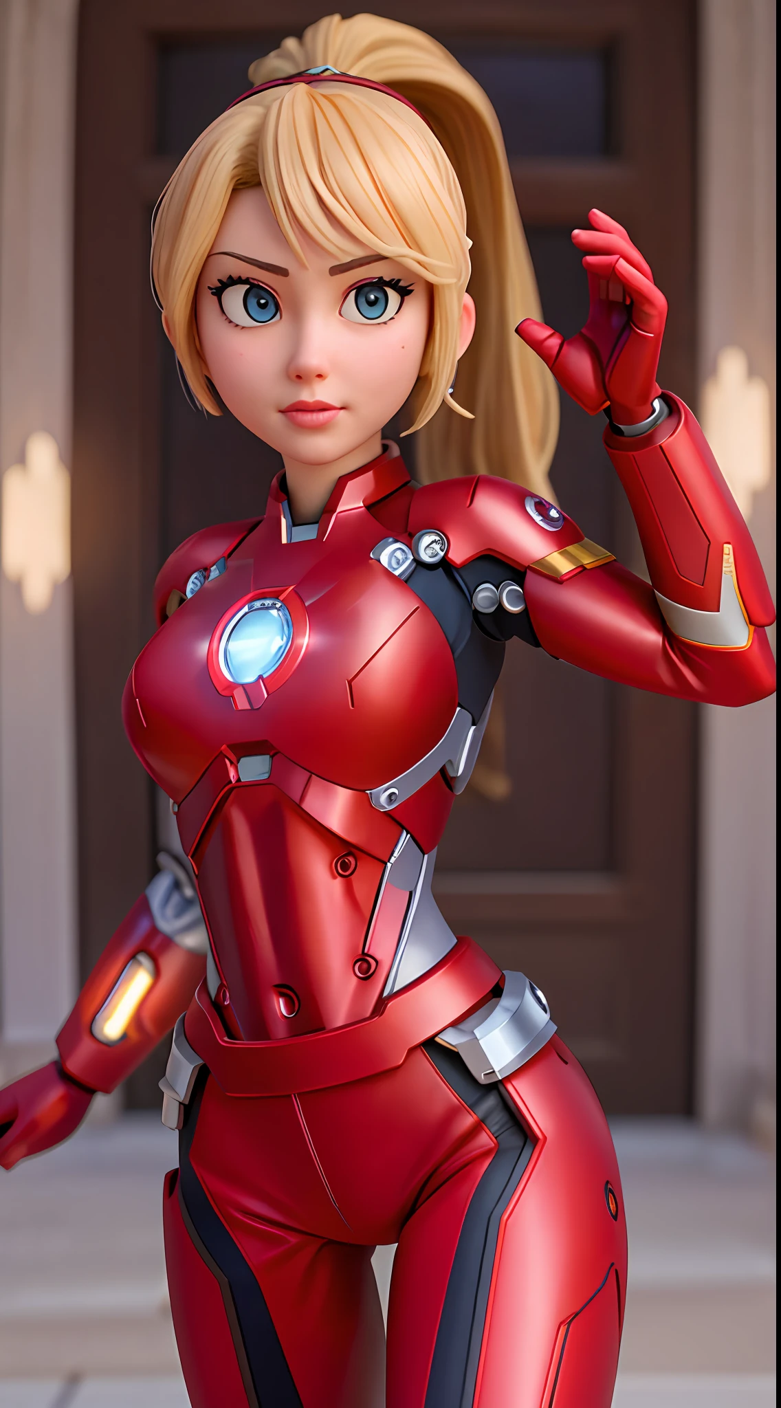 masterpiece, best quality, intricate, high quality, realistic, 1girl, ironman style, beautiful irongirl, blonde hair, high ponytail, midriff, sexy, new york, dynamic pose, dynamic angle, beautiful detailed eyes, luminous arc reactor on the chest, pepper pots,