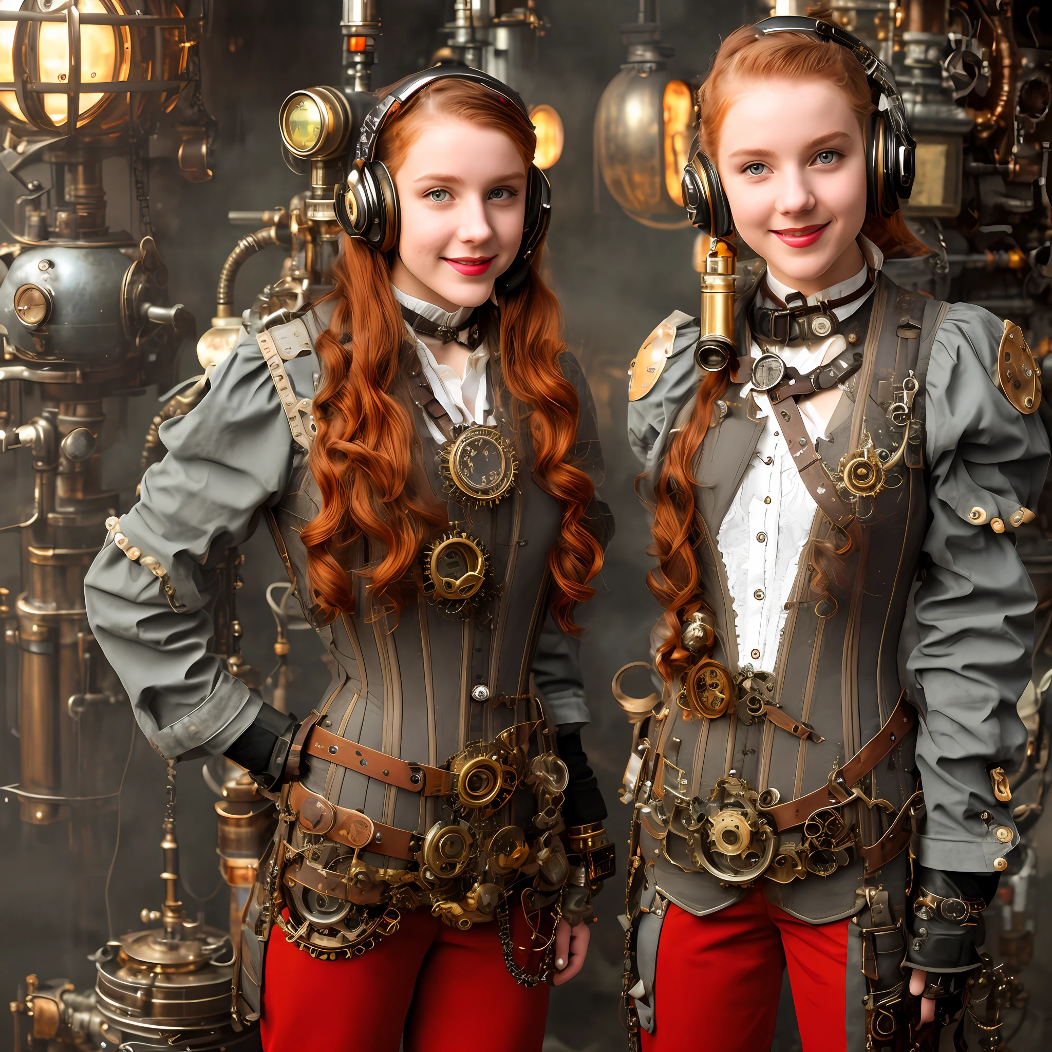 Full body Portrait photograph of a cute pretty fashionable smiley teenager girl posing cool and in light gray steampunk corset and jumpsuit and red long boots, wearing a mechanical steampunk backpack with big metal wings, perfect detailed face, wavy ginger hair, detailed symmetric dark green eyes with circular iris, fine steampunk details, intercom headset, steampunk choker, intricate steamy background with lots of steam pipes and steam valves and pressure gauges and gears, warm cinematic lighting, high contrast lighting, trending on ArtStation, hyper photorealism, DSLR, Canon 5D, 8k resolution,