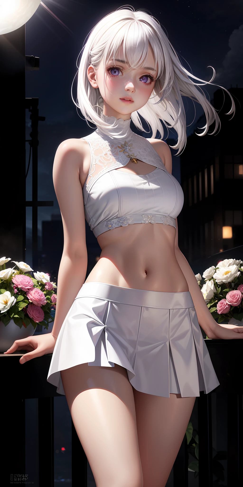 Realistic, 1girl, white hair, purple eyes, glowing eyes, cropped top, skirt, parted lips, blush, night, flowers, sun, sunlight, white skirt, short skirt, medium length hair, real, warm colors, white short Dress, white clothes, light background color, day environment, bright color background, saudi, ocean, cute,
