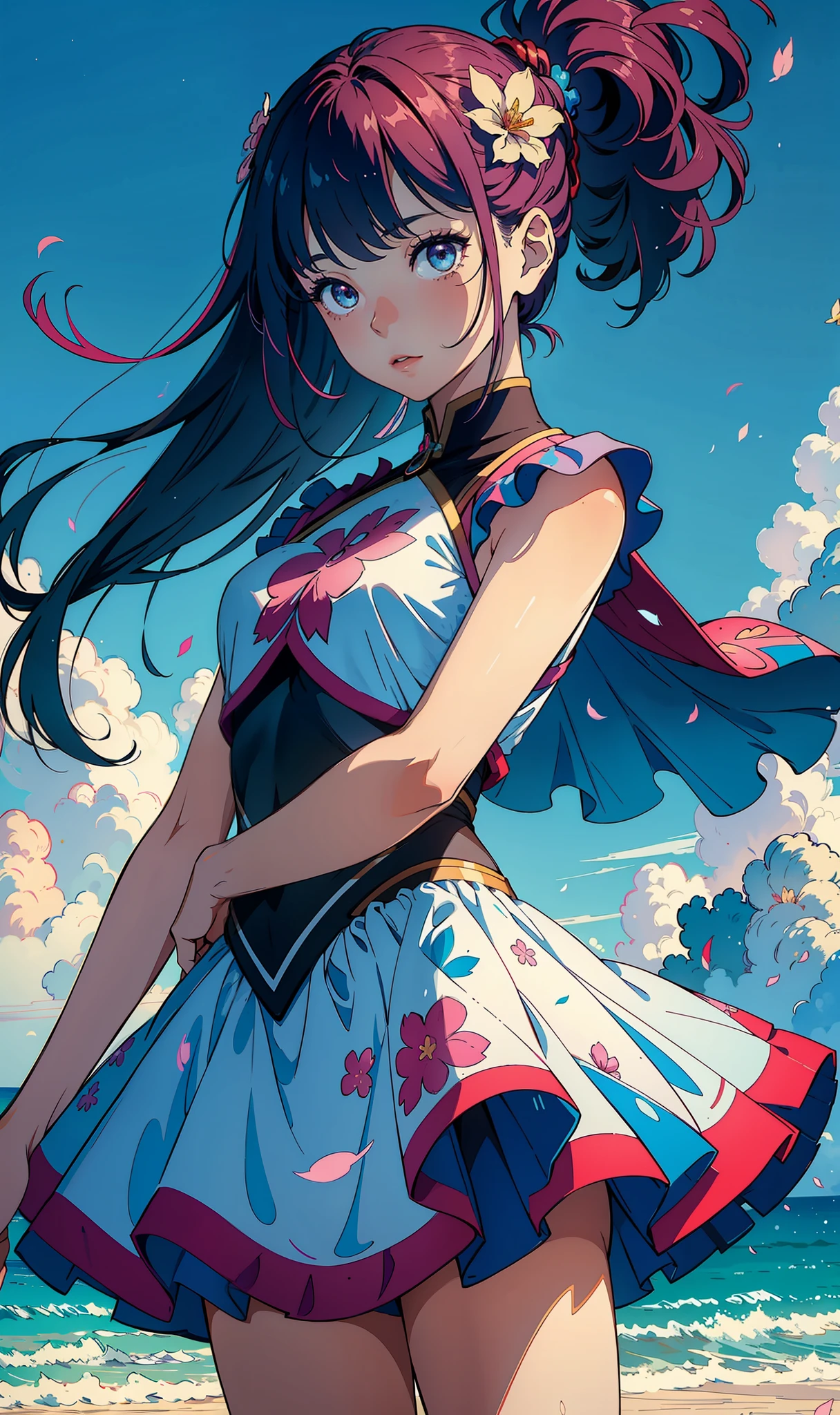 (Best Quality, Masterpiece), 1girl, Pose, Particle, Wind, Flower, Upper Body, Blue-Pink Color Scheme, Simple Background, Looking at the Viewer --v6