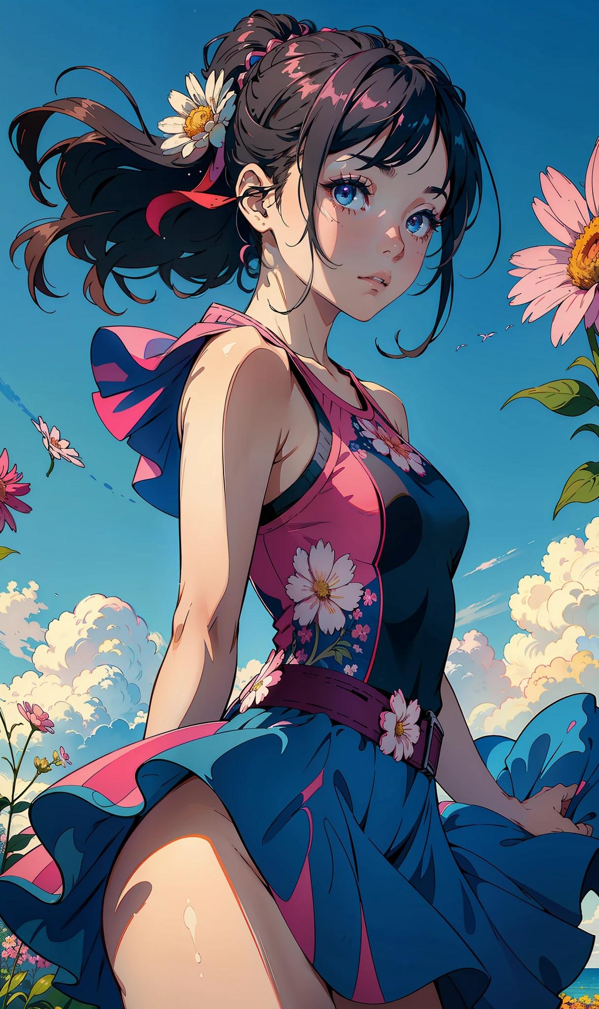 (Best Quality, Masterpiece), 1girl, Shut Up, Pose, Particle, Wind, Flower, Upper Body, Blue and Pink Color Scheme, Simple Background, Look at the Viewer --v6