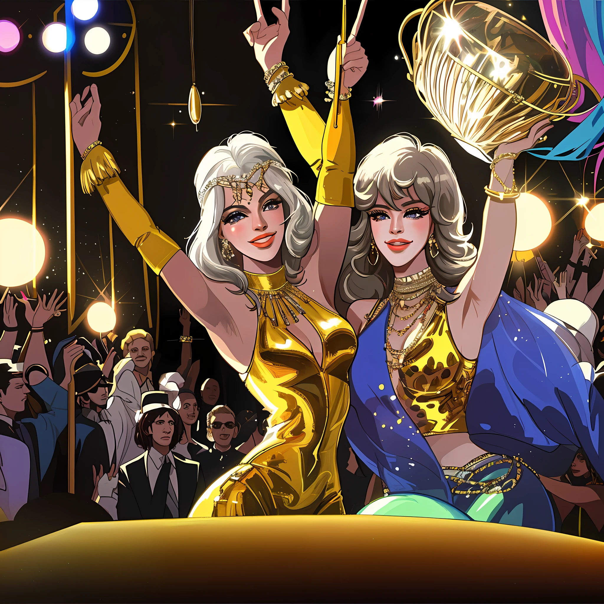 Step into the hedonistic world of Studio 54 in April 1981. A big disco ball hanging and shining on the ceiling, Amanda Lear, Madonna, Diana Ross, and Cher revel in a dancing crowd, capturing the fantastic party atmosphere. This black and white photo, showcases their joyful toast and laughter. Experience the electric vibe in this ultra-detailed, HD, 8K photograph, highlighting the photorealistic beauty of their faces.