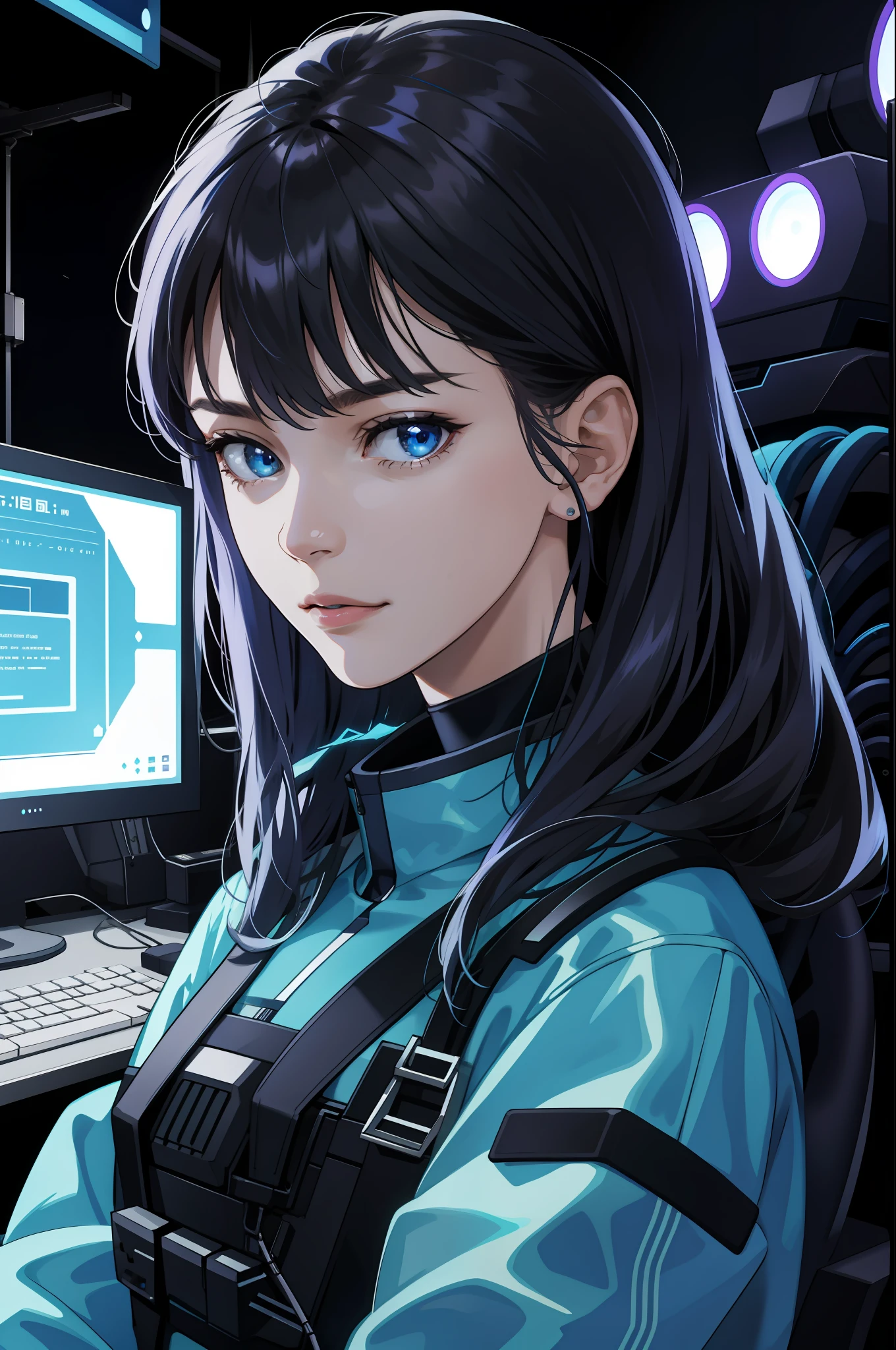 [Absurd, high resolution, super detailed]: A girl, mature hairstyle, delicate eyes with rich details, solo portrait, half shot, detailed background, complex face details, (1980s synth wave theme: 1.1), hacker image, fashion tech outfit, wearables, cables, (holographic display: 1.05), dark sinister atmosphere, shadows, computer cryptographic device control system, blue light.