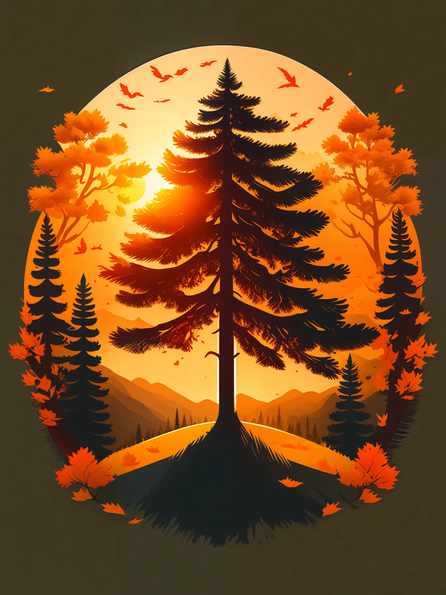 A pine tree in autumn landscape, sun, t-shirt design, rzminjourney, vector art