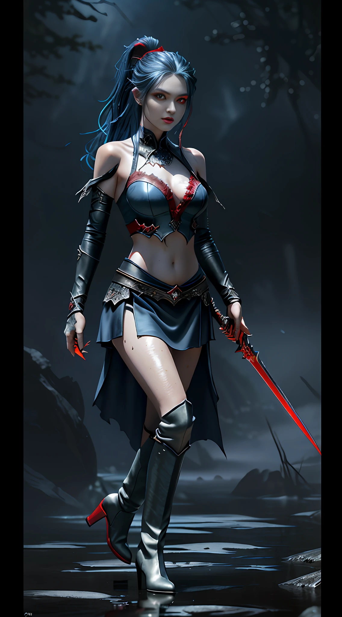 Wide hip, Perfect waist cut, belly muscle, Large breasts, Warrior girl with a fantastic scimitar on hand,  Skimpy organza clothes ,dark blue hair with red highlights, (perfect nose), Seductive gaze, Boots on high heels (Best Illustration), 8k Resolution, Intricate Details, Best Quality, Realistic, Ultra Detailed, Best Lighting, Best Shadows, Ultra HD, A Necromancer style, Night, Magic, Dark Style, Vampire, (shining red eyes:1.6), masterpiece, high_res, Beautiful face, tyndall effect, photo realistic, (high detailed skin:1.2), 8k uhd, dslr, high quality, Photograph, high resolution, 4k, 8k, Bokeh, absurdres, ponytail contorted, best ratio four finger and one thumb, front view, dark blue hair gorgeous, perfect proportional skinny fitness body, full body view, wet skin, wet clothes, dark cathedral baground scenery, huge bobs