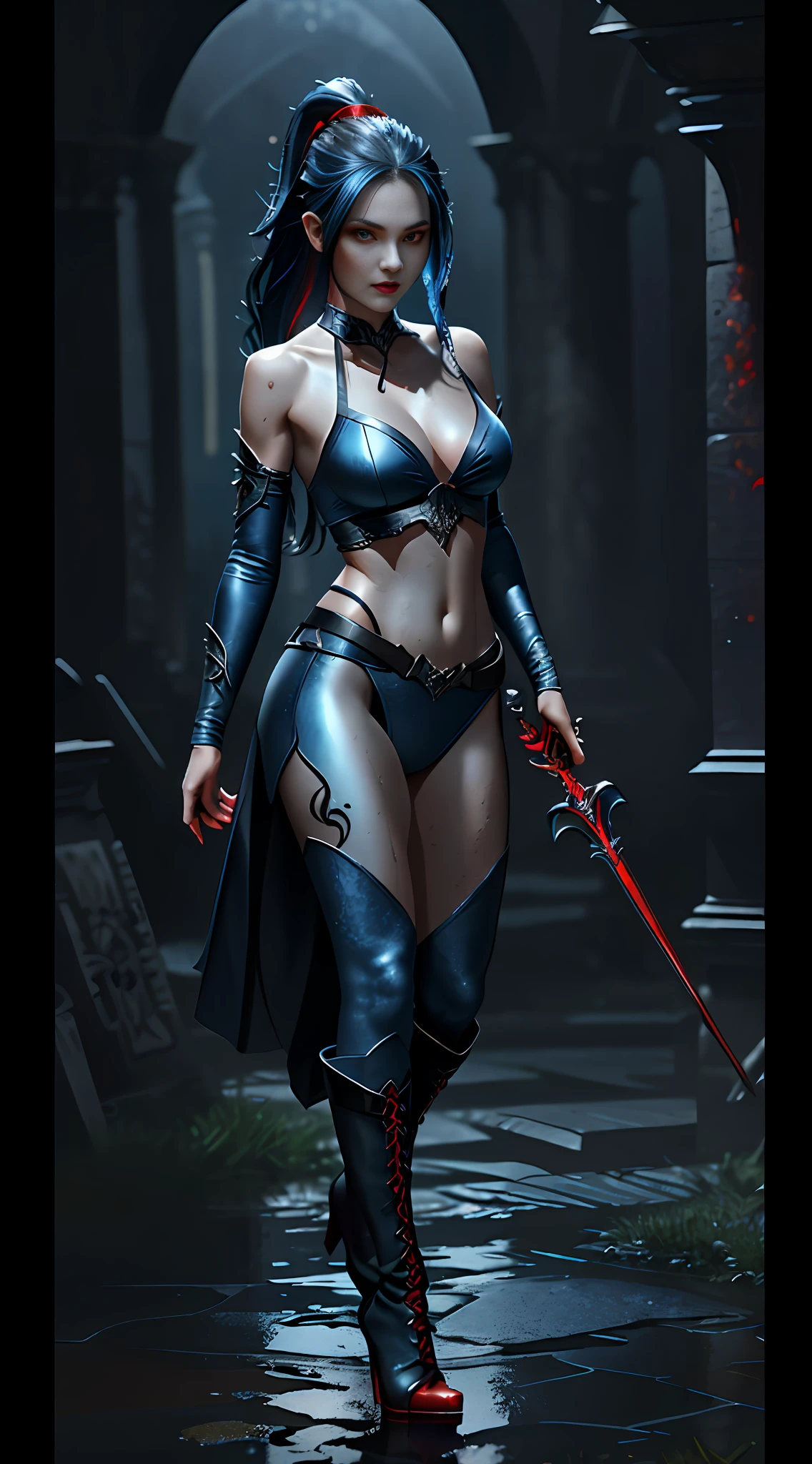 Wide hip, Perfect waist cut, belly muscle, Large breasts, Warrior girl with a fantastic scimitar on hand,  Skimpy organza clothes ,dark blue hair with red highlights, (perfect nose), Seductive gaze, Boots on high heels (Best Illustration), 8k Resolution, Intricate Details, Best Quality, Realistic, Ultra Detailed, Best Lighting, Best Shadows, Ultra HD, A Necromancer style, Night, Magic, Dark Style, Vampire, (shining red eyes:1.6), masterpiece, high_res, Beautiful face, tyndall effect, photo realistic, (high detailed skin:1.2), 8k uhd, dslr, high quality, Photograph, high resolution, 4k, 8k, Bokeh, absurdres, ponytail contorted, best ratio four finger and one thumb, front view, dark blue hair gorgeous, perfect proportional skinny fitness body, full body view, wet skin, wet clothes, dark cathedral baground scenery, huge bobs