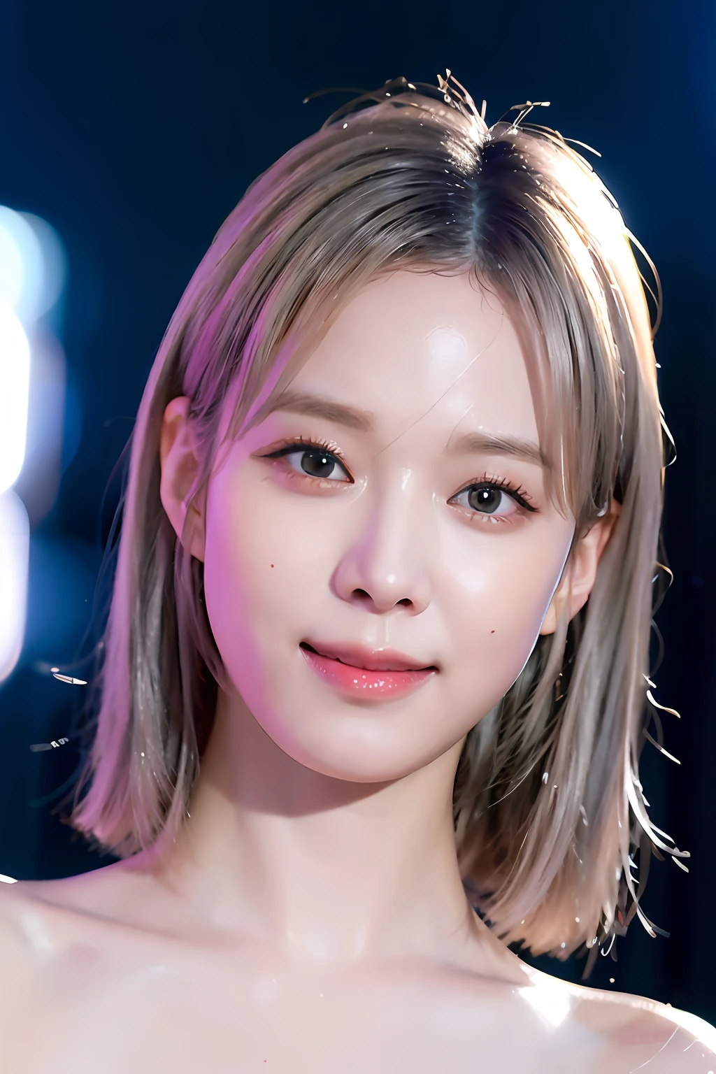 (8k, best quality, masterpiece:1.2), (realistic, photo-realistic:1.4), (RAW photo), octane render, complex 3d render ultra detailed of a beautiful porcelain profile woman, studio soft light, rim light, vibrant details, ultra-detailed, realistic skin texture, detail face, silver hair, beautiful detailed eyes, close up photography, Fujifilm, Depth of Field, absurdres, extremely detailed CG unity 8k wallpaper, makeup, black lightning, (smile:1.3)