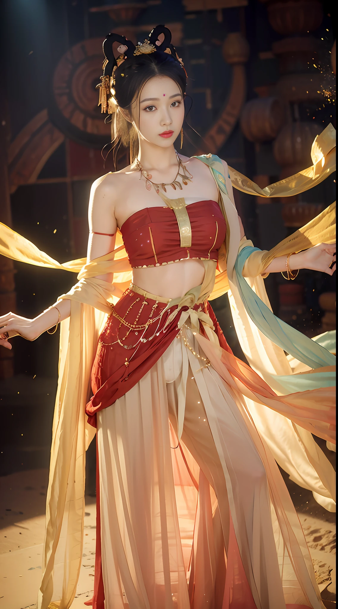 (8k, RAW photo, best quality, masterpiece:1.2), (realistic, photo-realistic:1.4), (extremely detailed CG unity 8k wallpaper), (1 girl:1.5), Western beauty, (Red clothes: 1.4), red spots on forehead, pale skin, blush, big eyes, full body, thighs, open navel, gold waist chain, gold jewelry, flying ribbons, particles, background is Loulan ancient city, ancient city wall, desert, dance, dunhuang_dress, dunhuang_style,