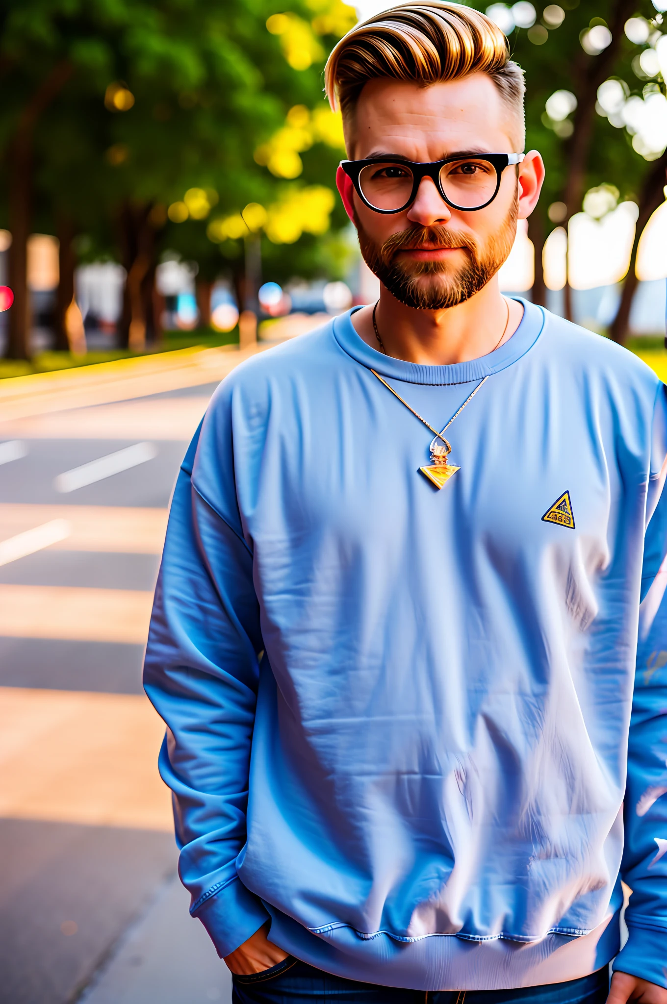 good hand,4k, high-res, masterpiece, best quality, head:1.3, perfect man, 31yo, a man, finely detailed skin, wearing oversized vintage sweat-shirt, focus, (cinematic lighting), blurry, short hair, layered cut, blonde hair, tattoos, small glasses, coffee, light, morning, soft lighting, fog, dynamic angle, day of light, sunset, [:(detailed face:1.2):0.2], realistic, photo grain, alpha male