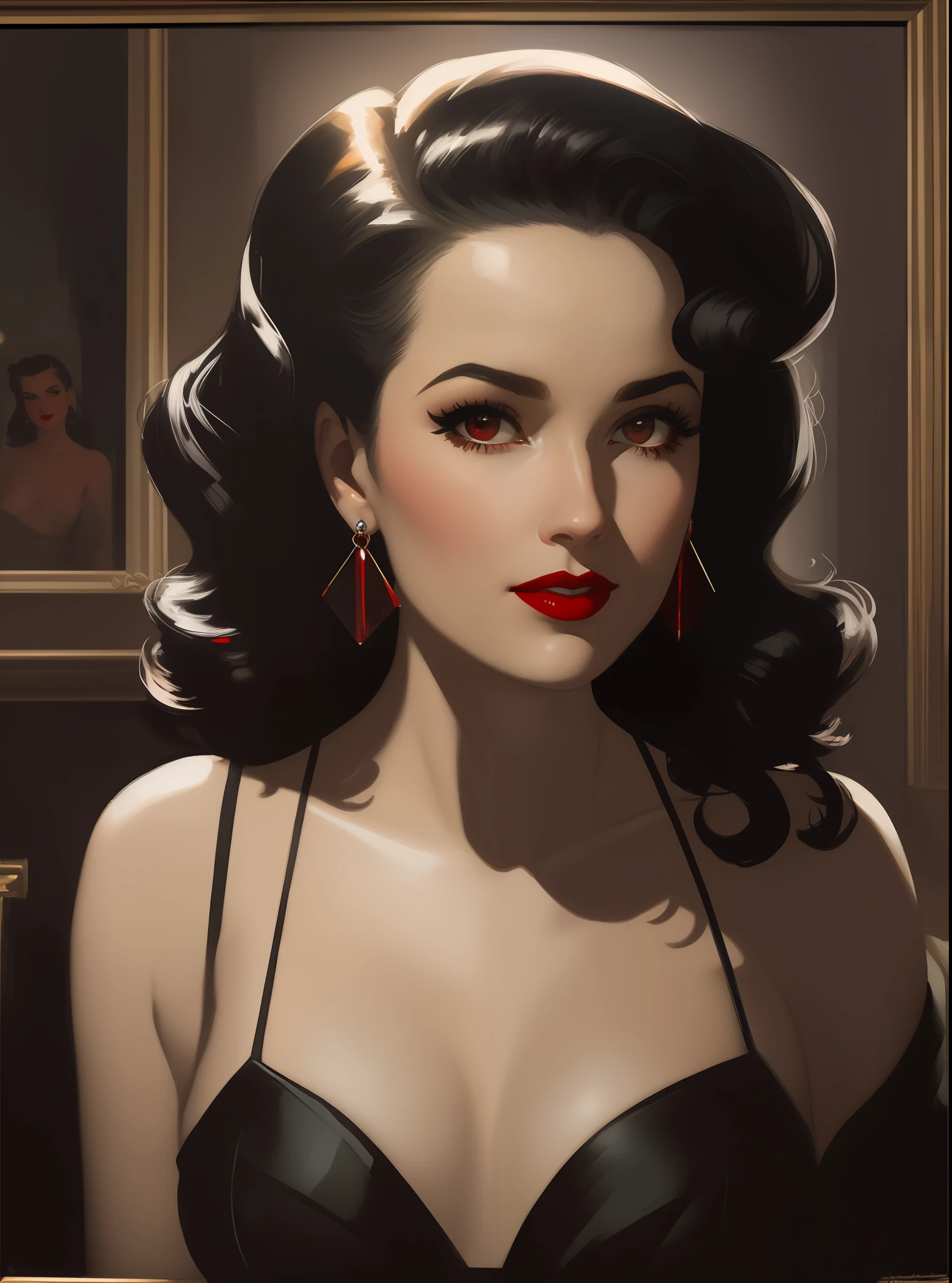 a ((film noir)) portrait painting of looking at the camera with a sneer, she is wearing red lipstick and small black earrings and has bare shoulders and ((exposed breasts)), shaft of light, by James Avati, Dean Cornwell, Earl Norem
