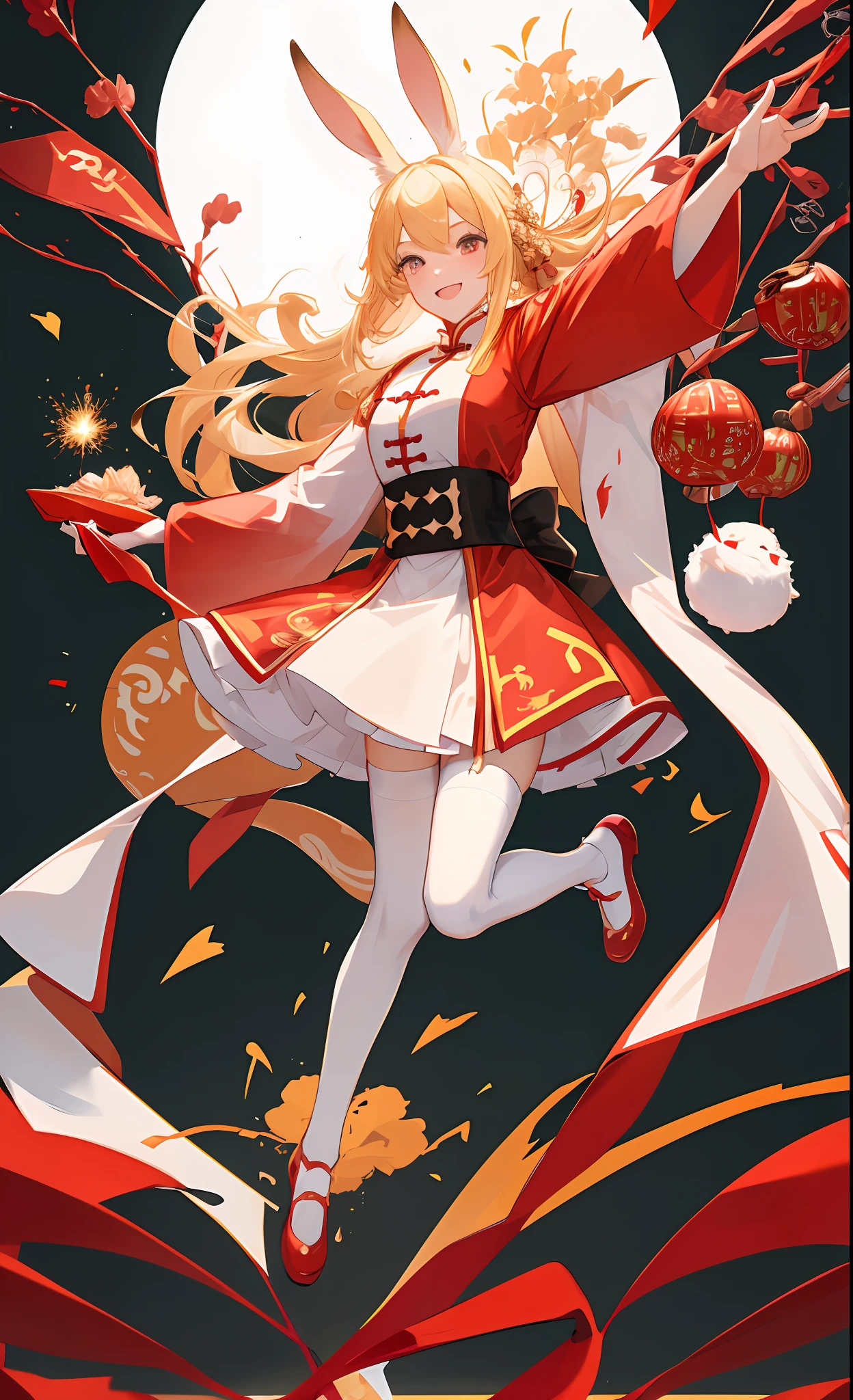 Transparent background, a girl, blonde hair, rabbit ears, white stockings, full body, smile, jumping action, dynamic perspective, transparent background, red clothes, skirt, Chinese elements, several rabbits around, firecrackers, Chinese New Year