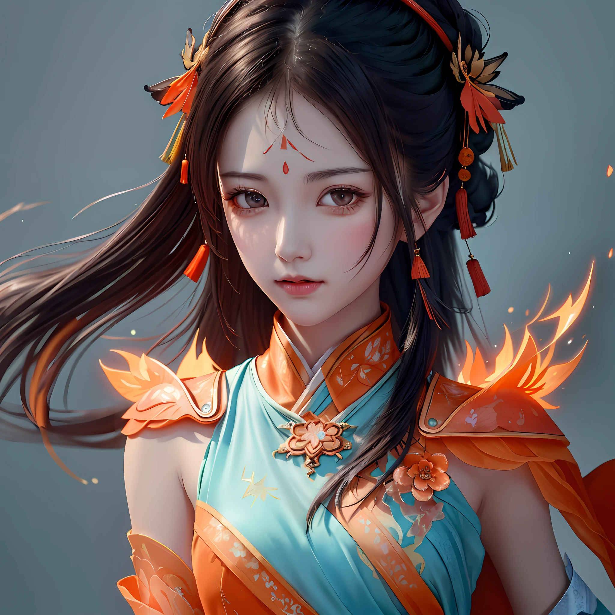 face portrait of MeiyuCipher 1girl orange spike aura in motion, damaged chinese clothes, floating pieces, trending on artstation, sharp focus, intricate details, highly detailed, detailed face (ink and watercolor painting, brushstrokes, by Russ Mills and Yoji Shinkawa) best quality, absurdres, (negative space) ,