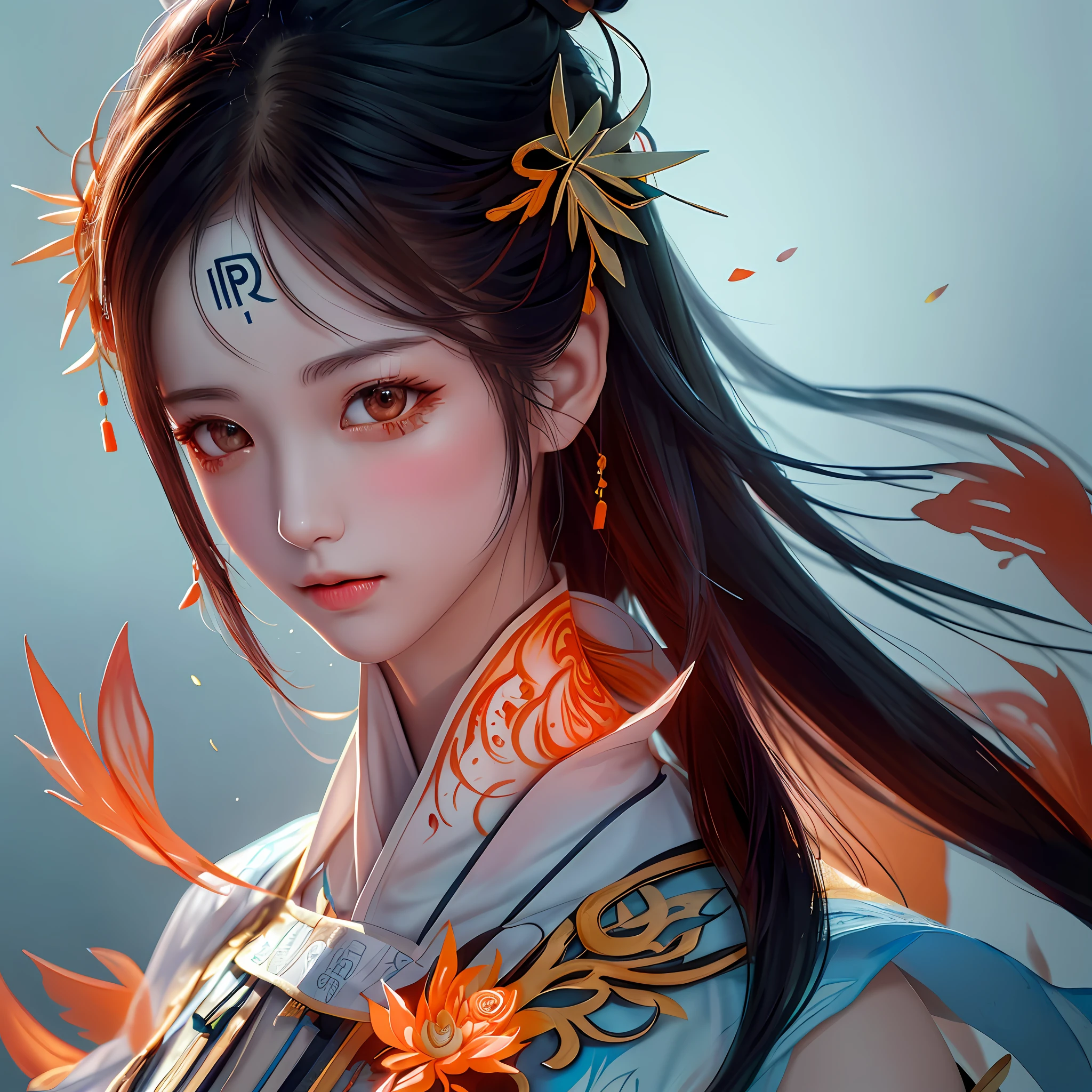 face portrait of MeiyuCipher 1girl orange spike aura in motion, damaged chinese clothes, floating pieces, trending on artstation, sharp focus, intricate details, highly detailed, detailed face (ink and watercolor painting, brushstrokes, by Russ Mills and Yoji Shinkawa) best quality, absurdres, (negative space) ,