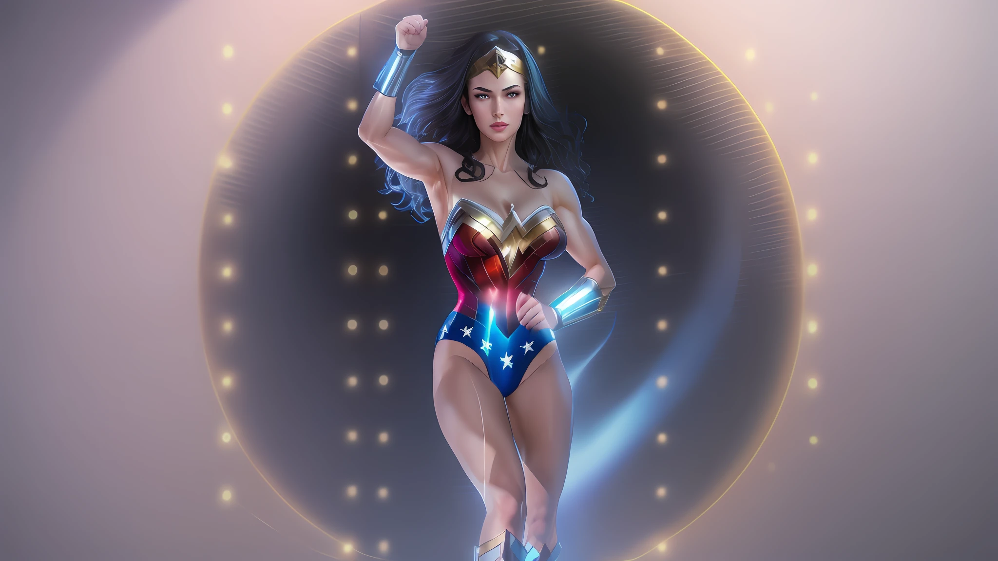 wonder woman, clenching fists, serious, raise right arm above head to block the bullet, left arm is down on the stomach, both hand clenching fist, clenching fists, (delicate and beautiful delicate face, delicate and beautiful delicate eyes, face with perfect proportions), (detailed shiny skin: 1.2), detailed skin, delicate skin, strong and realistic blue eyes, realistic black hair, lips, makeup, natural skin texture, tiara, leotard, bulletproof cuffs, red boots, golden girdle, slightly sunburned skin tone, mature, sexy, elastic muscles, (muscle:1.2), ((strong and healthy body)), long legs, curves, thick thighs, wide buttocks, thin legs, (big breasts: 1.2), thin waist, soft waist, (delicate skin), (beautiful and sexy woman), (swollen lips: 0.9), (eyelashes: 1.2), very delicate muscle definition, ((highest quality)), (8k, very detailed, full-length frame, high-detail RAW color art, masterpiece: 1.2), (realistic and realistic photo: 1.37), cinematic lighting rendering, dynamic angles, plotting, photon mapping, physics-based rendering,
