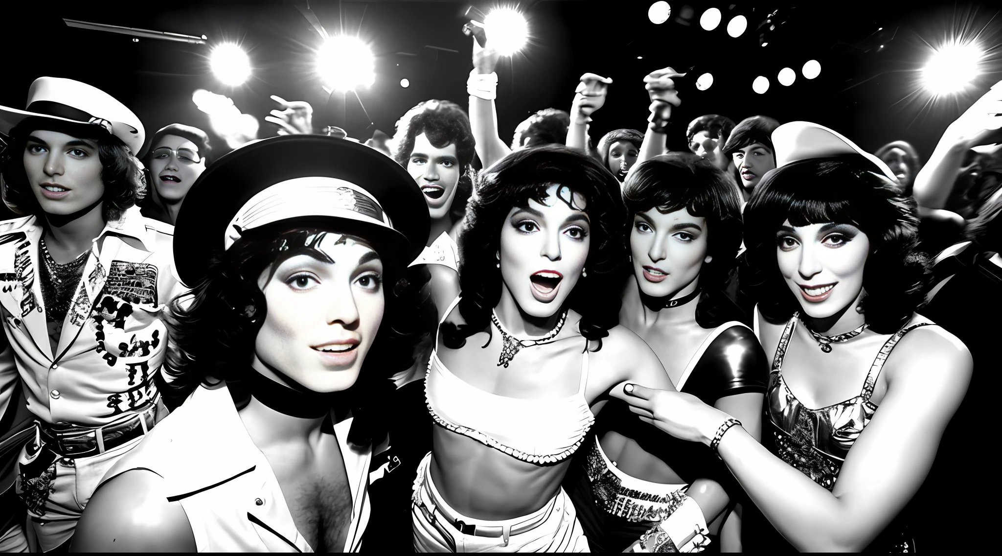 Step into the hedonistic world of Studio 54 in April 1981. Michael Jackson, Andy Warhol, Lisa Minelli, and Cher revel in a packed crowd, capturing the fantastic atmosphere. The young Madonna dances in the background, adding to the allure. This black and white photo, with a pop art touch, showcases their joyful toast and laughter. Experience the electric vibe in this ultra-detailed, HD, 8K photograph, highlighting the photorealistic beauty of their faces.