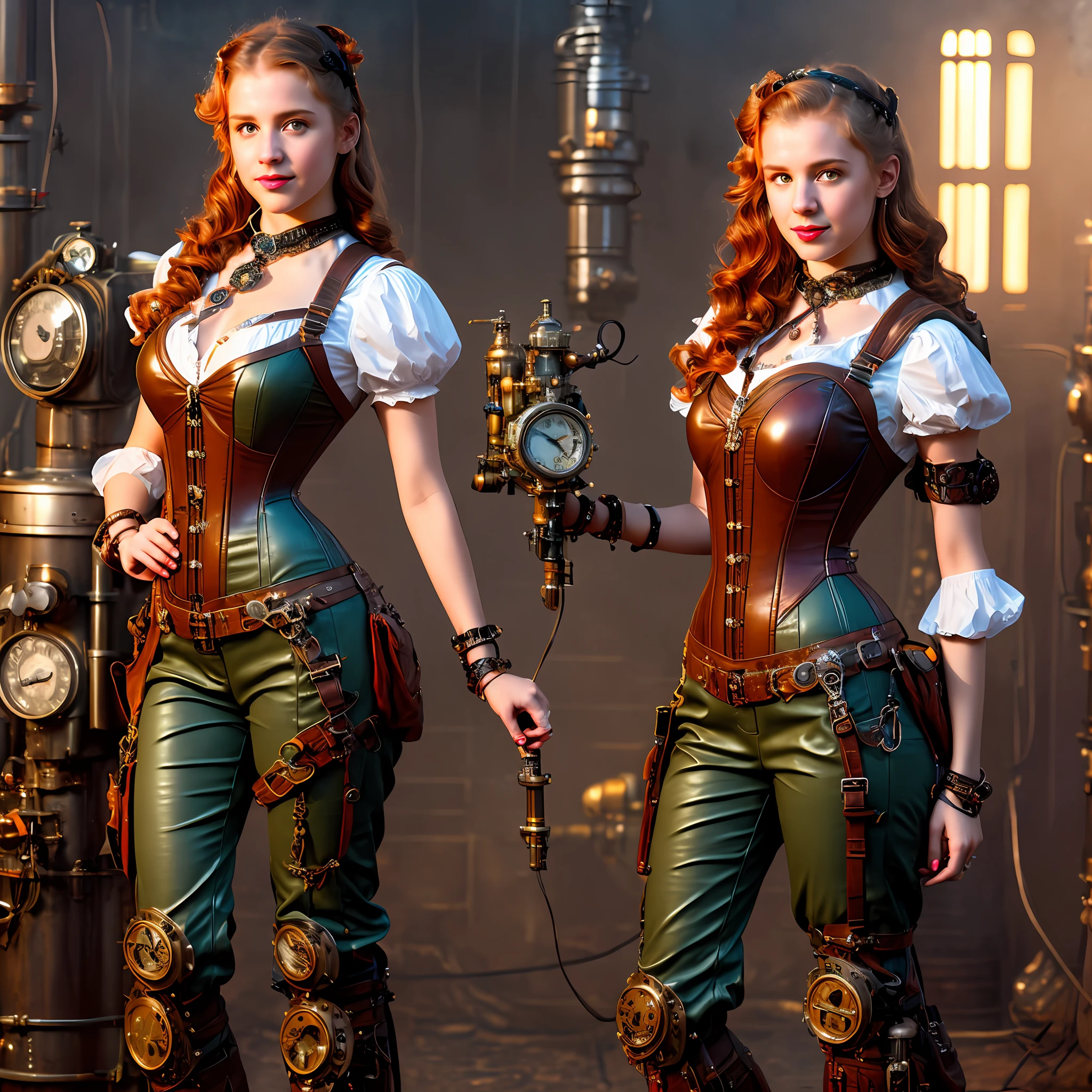 Full body Portrait photograph of a cute pretty fashionable smiley teenager girl posing cool and in light gray steampunk corset and jumpsuit and red long boots, wearing a mechanical steampunk backpack with big metal wings, perfect detailed face, wavy ginger hair, detailed symmetric dark green eyes with circular iris, fine steampunk details, intercom headset, steampunk choker, intricate steamy background with lots of steam pipes and steam valves and pressure gauges and gears, warm cinematic lighting, high contrast lighting, trending on ArtStation, hyper photorealism, DSLR, Canon 5D, 8k resolution,