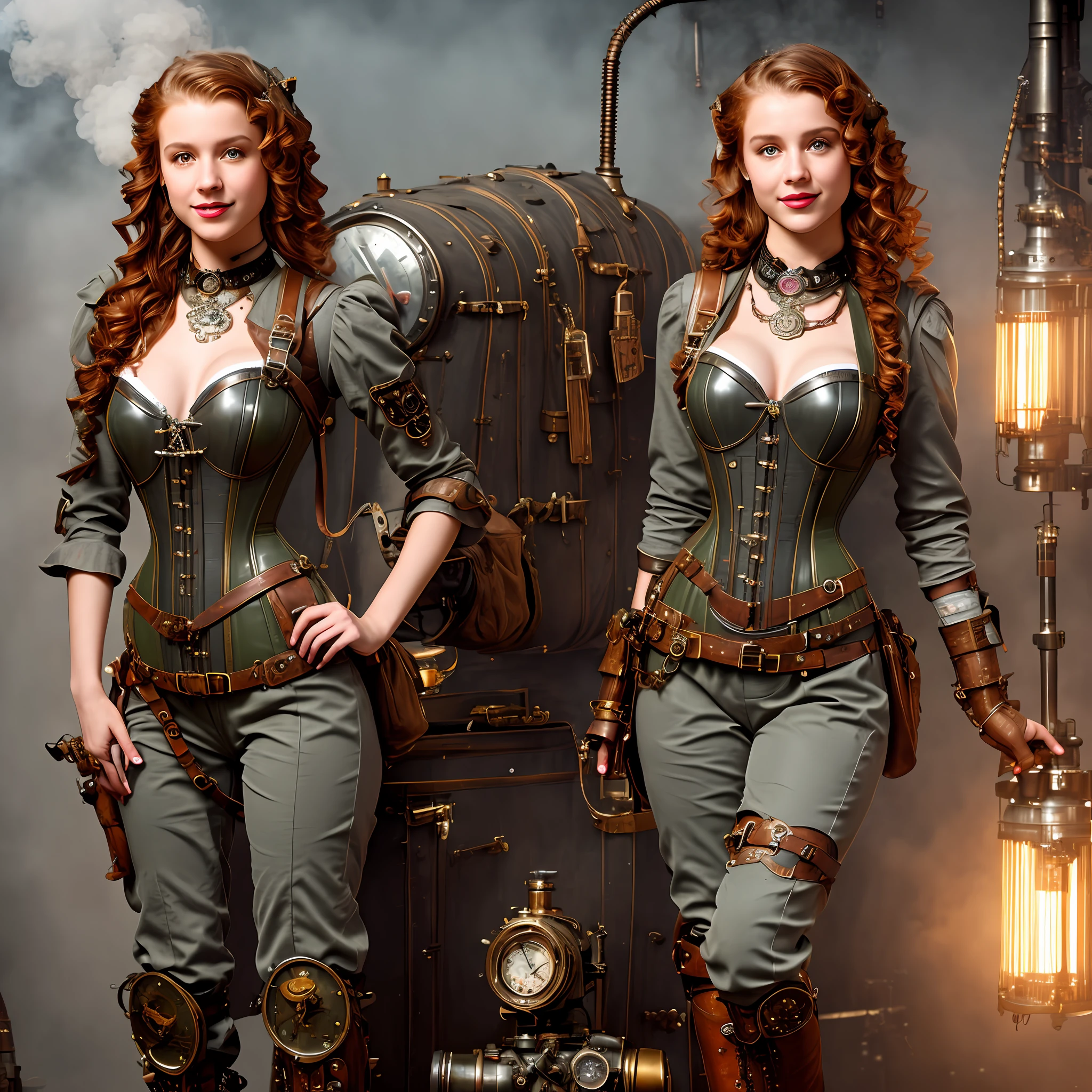 Full body Portrait photograph of a cute pretty fashionable smiley teenager girl posing cool and in light gray steampunk corset and jumpsuit and red long boots, wearing a mechanical steampunk backpack with big metal wings, perfect detailed face, wavy ginger hair, detailed symmetric dark green eyes with circular iris, fine steampunk details, intercom headset, steampunk choker, intricate steamy background with lots of steam pipes and steam valves and pressure gauges and gears, warm cinematic lighting, high contrast lighting, trending on ArtStation, hyper photorealism, DSLR, Canon 5D, 8k resolution,