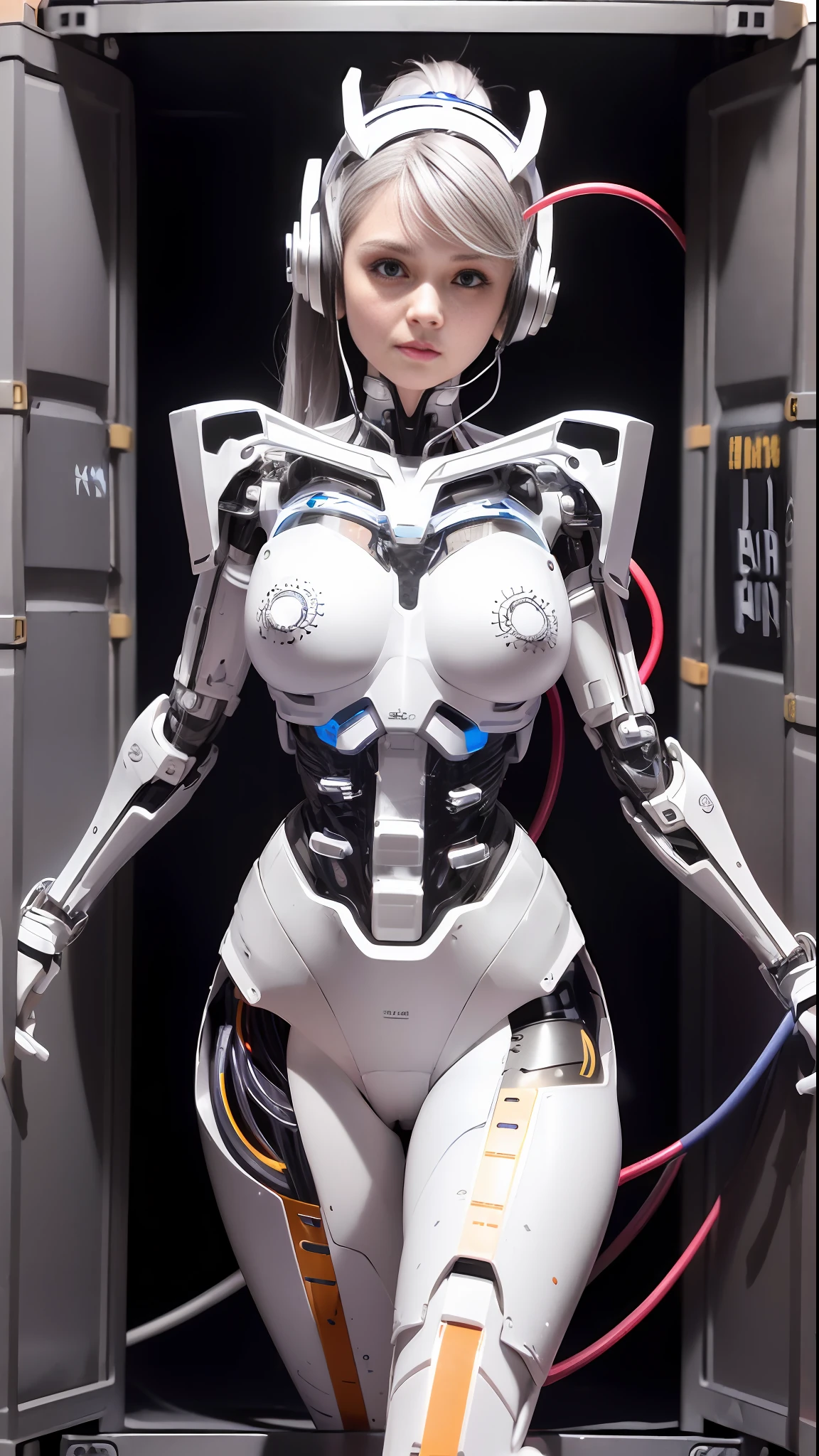 cultivation tank, (16K RAW Photo ),(CanonEOS, Lens, 85mm F1.2, ISO100, ShutterSpeed500), ((nudity)), ((masterpiece, best quality, beautiful and aesthetic:1.0)), ((ultra-detailed)), cinematic light, ((1girl:1.3)), (character focus), smile, looking at viewer, ((white and silver cybernetic implants)), blood vessels connected to tubes, mechanical vertebra attaching to back, ((colored electronic cables and chips:1.0)), (((full of optical fiber cables that are wired in the implanted parts in the body covered translucent metallic skin:1.0))), ((large breasts:1.0)), ((mechanical limbs)), biomechanical, ((Colorful high ponytail)), (machine made joints:0.8), ((mechanical headphones)), ((body of precision machine:1.0)), (wires and cables attaching to body:1.2)), (in container:1.6), (mechanical parts:0.5)