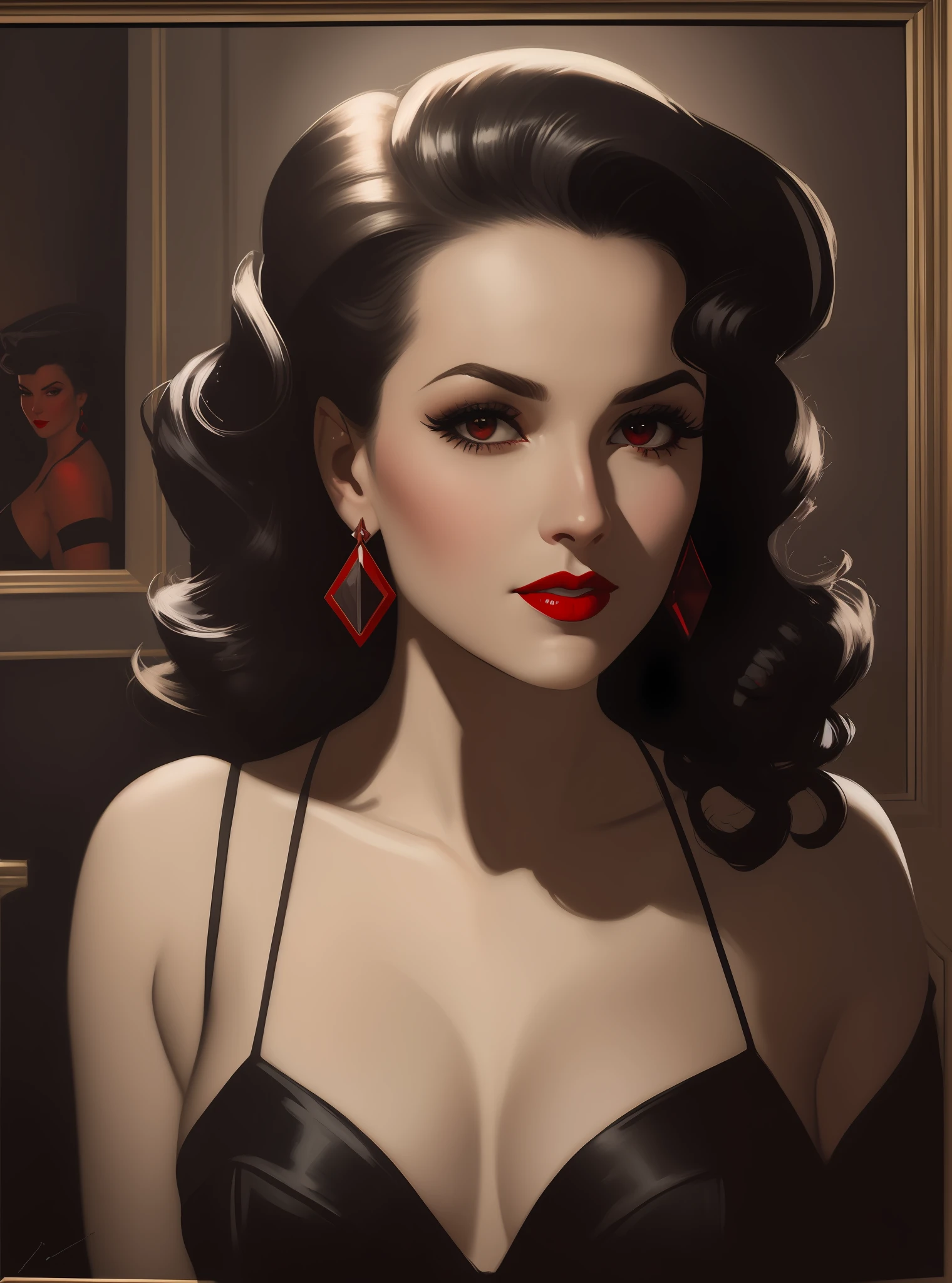 a ((film noir)) portrait painting of looking at the camera with a sneer, she is wearing red lipstick and small black earrings and has bare shoulders and ((exposed breasts)), shaft of light, by James Avati, Dean Cornwell, Earl Norem