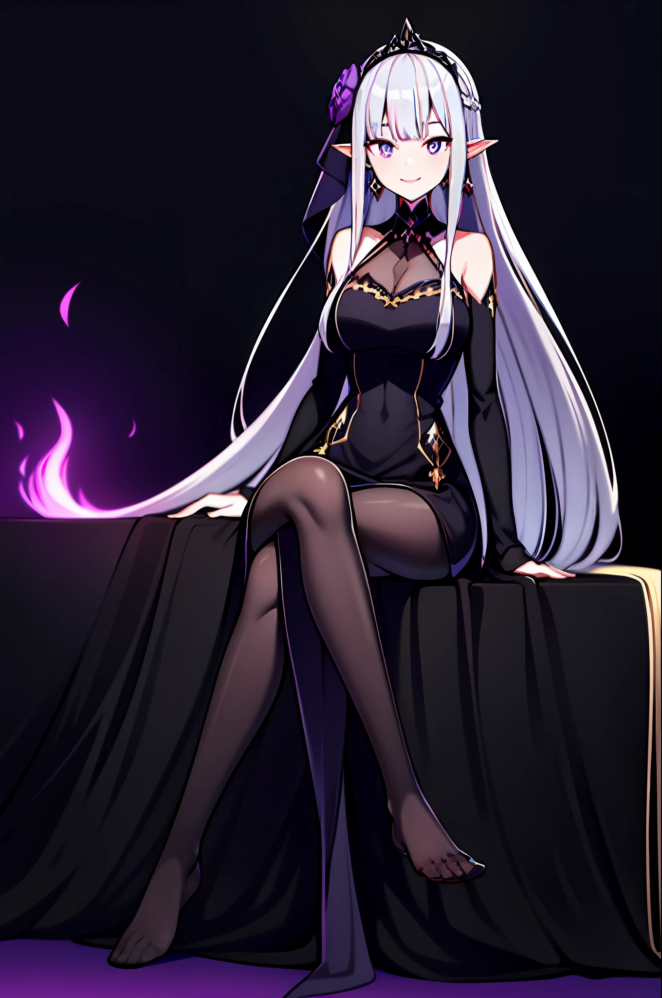 Satella, aura, veil, pointy_ears, 1woman, arm support, bangs, bare feet, books, boots, headbands, crossed legs, dark background, earrings, flowers, french braid, whole body, fur collar, hair flower, headdress, hair ribbon, hand, holding, book, jewelry, long hair, looking viewer, purple eyes, ribbon, gown, sidelock, silver hair, single boots, sitting, smile, solo, very long hair, brainwashing, dark aura, evil smile,