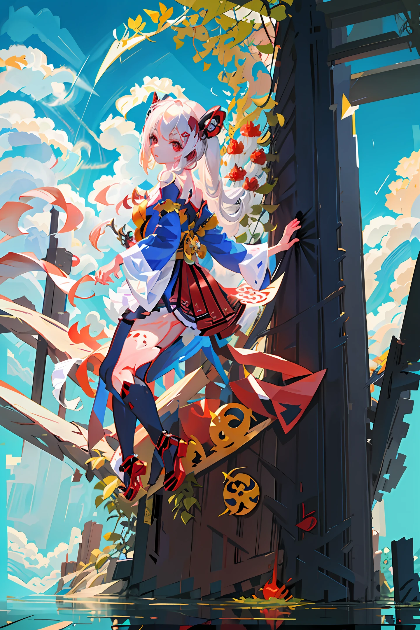 A character with white hair, red eyes, bunny ears and tail, dressed in traditional Japanese clothes