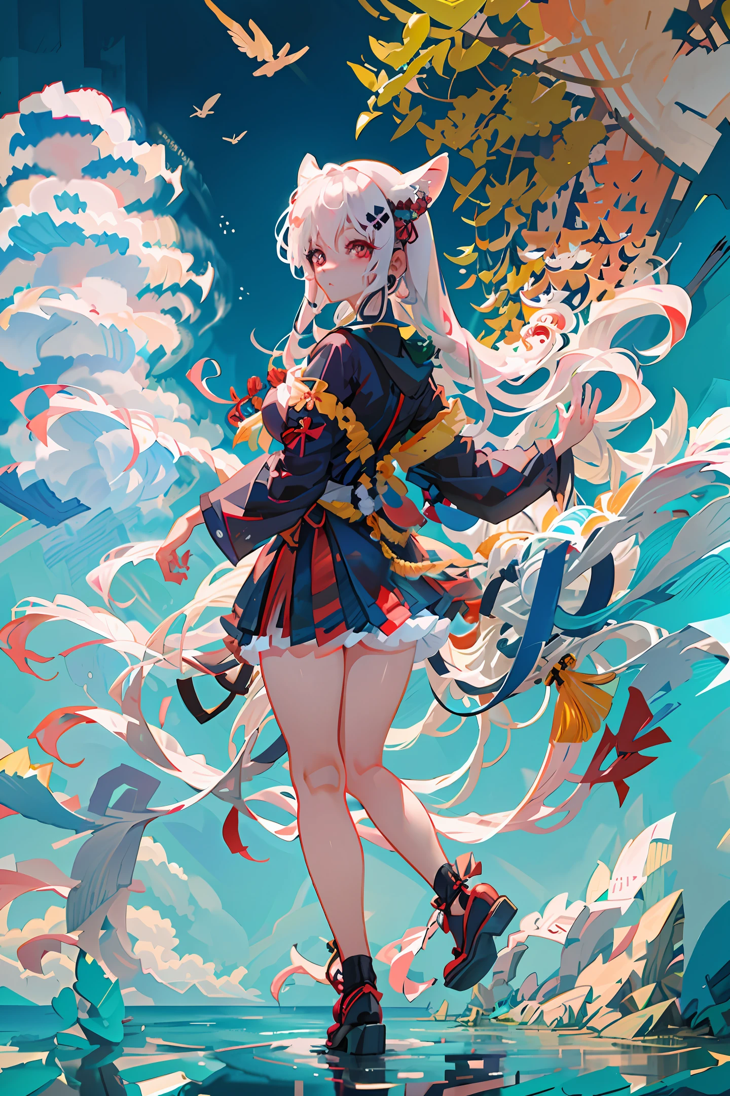 A li character with white hair, red eyes, bunny ears and tail, dressed in traditional Japanese clothes