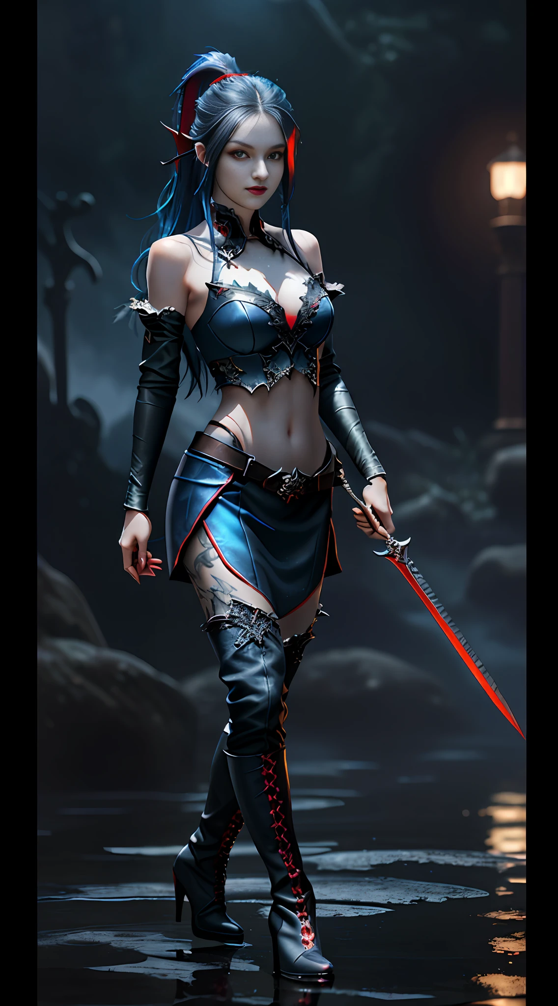 Wide hip, Perfect waist cut, Large breasts, Warrior girl with a fantastic small dagger on hand, Skimpy organza clothes ,dark blue hair with red highlights, (perfect nose), Seductive gaze, Boots on high heels (Best Illustration), 8k Resolution, Intricate Details, Best Quality, Realistic, Ultra Detailed, Best Lighting, Best Shadows, Ultra HD, A Necromancer style, Night, Magic, Dark Style, Vampire, (shining red eyes:1.6), masterpiece, high_res, Beautiful face, tyndall effect, photo realistic, (high detailed skin:1.2), 8k uhd, dslr, high quality, Photograph, high resolution, 4k, 8k, Bokeh, absurdres, ponytail contorted, best ratio four finger and one thumb, front view, dark blue hair gorgeous, perfect proportional skinny fitness body, full body view, wet skin, wet clothes, dark cathedral baground scenery, huge bobs
