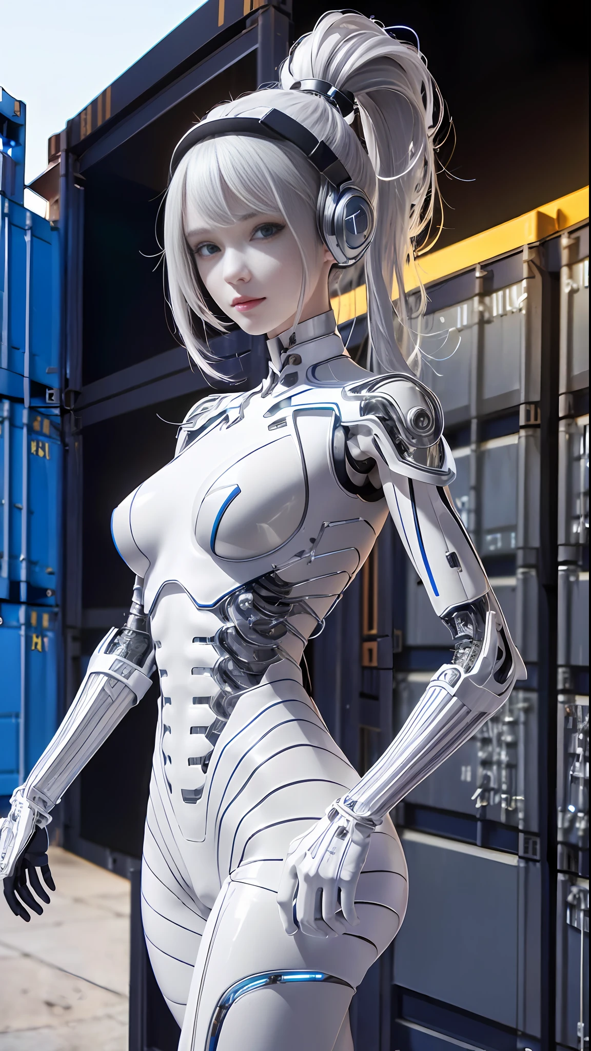 cultivation tank, (16K RAW Photo ),(CanonEOS, Lens, 85mm F1.2, ISO100, ShutterSpeed500), ((nudity)), ((masterpiece, best quality, beautiful and aesthetic:1.0)), ((ultra-detailed)), cinematic light, ((1girl:1.3)), (character focus), smile, looking at viewer, ((white and silver cybernetic implants)), blood vessels connected to tubes, mechanical vertebra attaching to back, ((colored electronic cables and chips:1.0)), (((full of optical fiber cables that are wired in the implanted parts in the body covered translucent metallic skin:1.0))), ((large breasts:1.0)), ((mechanical limbs)), biomechanical, ((Colorful high ponytail)), (machine made joints:0.8), ((mechanical headphones)), ((body of precision machine:1.0)), (wires and cables attaching to body:1.2)), (in container:1.6), (mechanical parts:0.5)