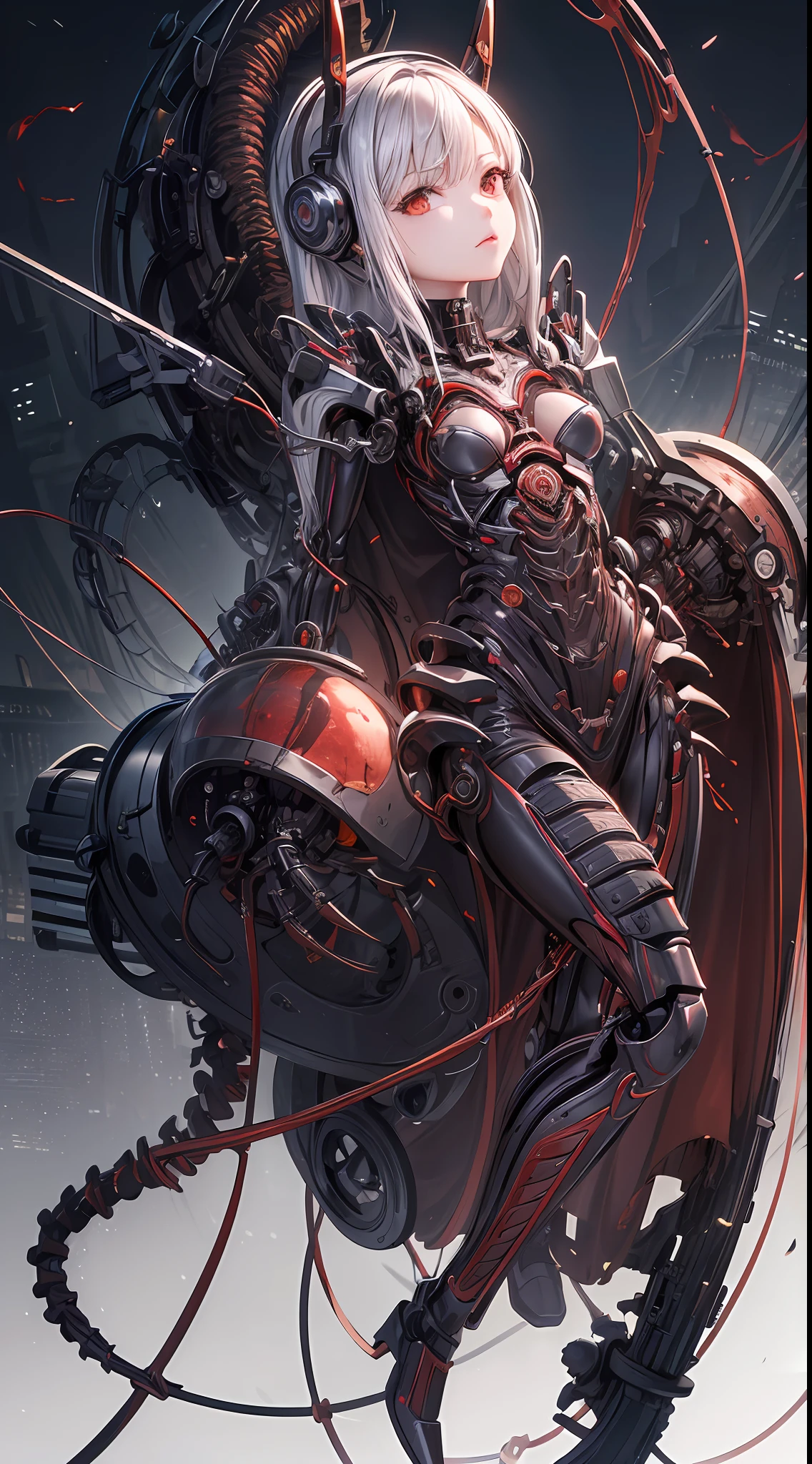 (((Masterpiece))), ((Best Quality)), (Super Detail), (CG Illustration), (Very Evil and Beautiful)), Cinematic Light, ((1 Mechanical Girl)), Single, (Mechanical Art: 1.4), ((Mechanical limb)), (Blood vessel attached to a tube), ((Mechanical spine attached to the back)), ((Mechanical cervical vertebrae attached to the neck), (Back to the viewer)), expressionless, ( Wires and cables attached to the head and body: 1.5), Science Fiction, Apocalypse, Ruins, (Lower Body Integrated with Mechanical Devices), (Blood: 1.5), Cruelty, Absurdity, Eroglotesque, Fusion with Machines, Doomsday Time, Super Future, Inorganic, Laboratory, Restraint, (Beautiful Indulgence: 1.2), (1 Girl: 1.3)