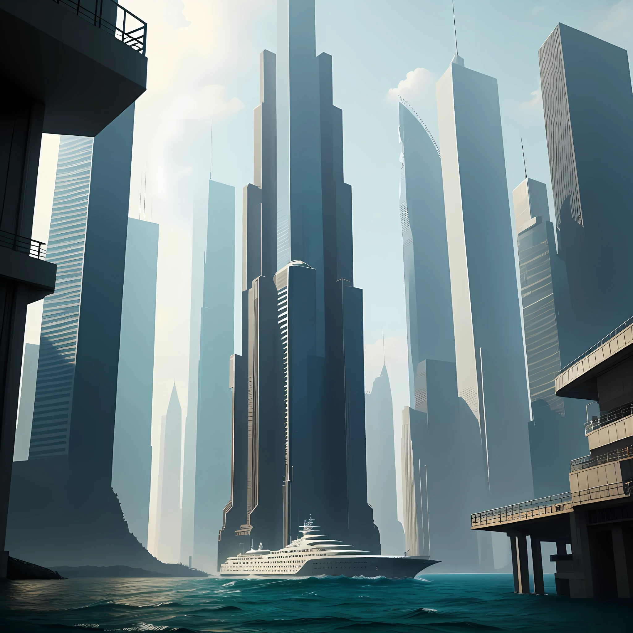 Skyscraper towering above the sea Top Quality Sci-Fi High Definition Masterpiece Cyberpunk