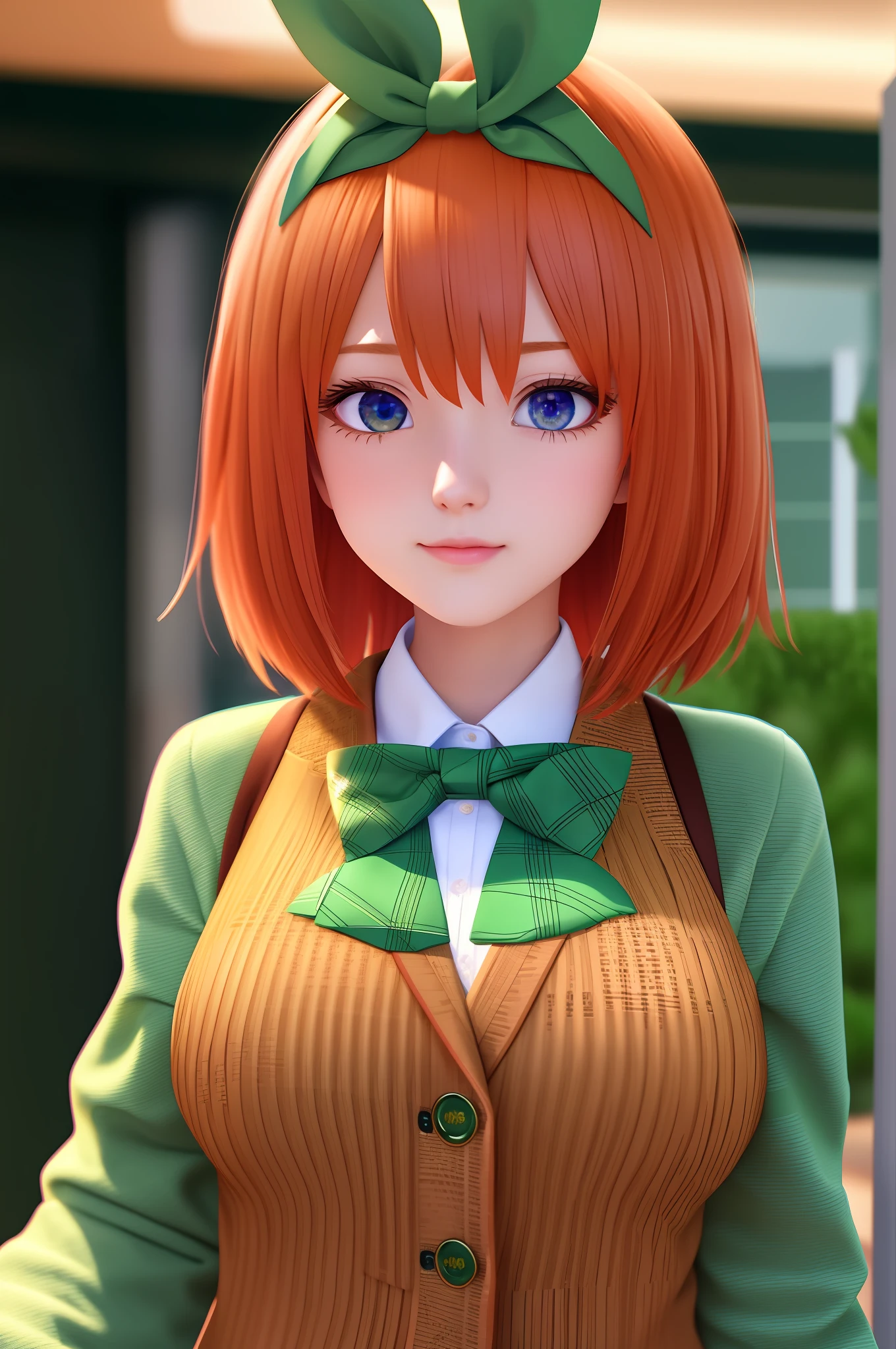 (extremely detailed CG unity 8k wallpaper), the most beautiful artwork in the world, 1girl, upper body, nakano yotsuba, orange hair, hair bow, green bowtie, sweater, blazer