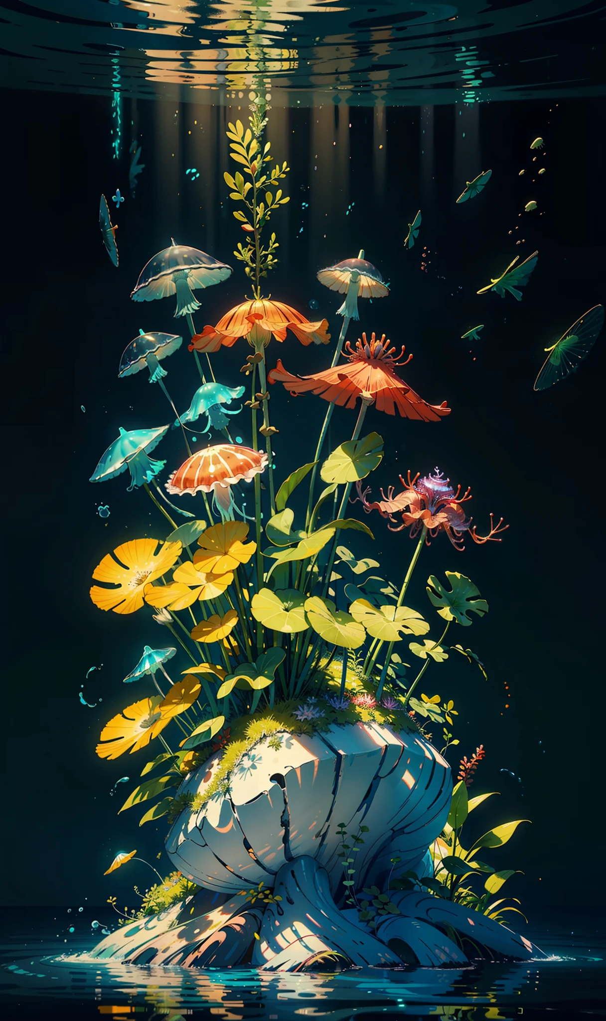 Masterpiece, best quality, (very detailed CG unity 8k wallpapers), (best quality), (best illustrations), (best shadows), marine theme with natural elements. Tall mangroves, rich marine plants, glowing jellyfish, surrounded by schools of fish, glowing particle effects,, (marine plants), (ocean theme), ((luminous algae)), (coral), ((glowing jellyfish )), ((Glow Creatures in Seawater)), ((Sea Fire)), (((Particle Effect))), Isometric 3D, Octane Rendering, Ray Tracing, Super Detailed --v6