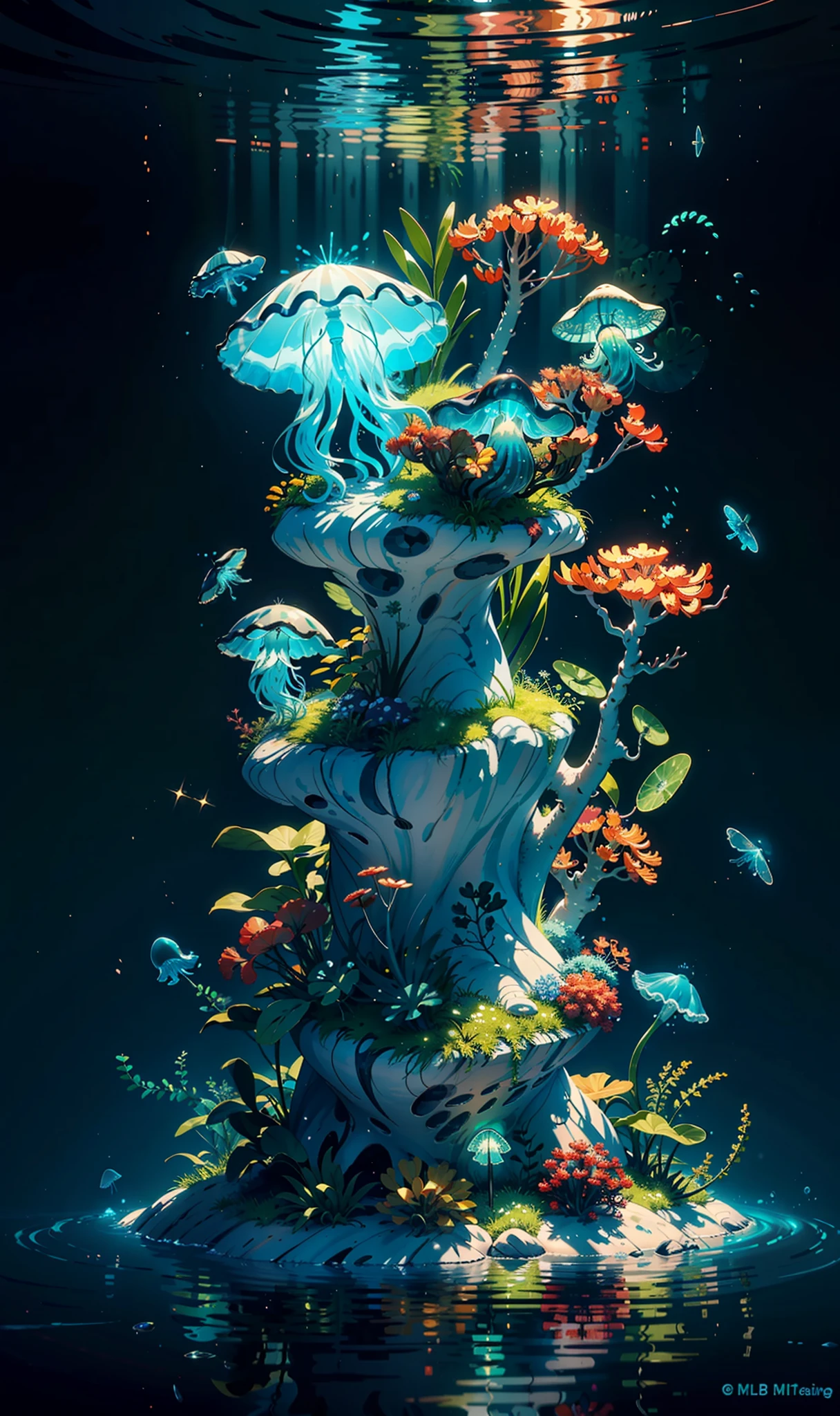 Masterpiece, best quality, (very detailed CG unity 8k wallpapers), (best quality), (best illustrations), (best shadows), marine theme with natural elements. Tall mangroves, rich marine plants, glowing jellyfish, surrounded by schools of fish, glowing particle effects,, (marine plants), (ocean theme), ((luminous algae)), (coral), ((glowing jellyfish )), ((Glow Creatures in Seawater)), ((Sea Fire)), (((Particle Effect))), Isometric 3D, Octane Rendering, Ray Tracing, Super Detailed --v6