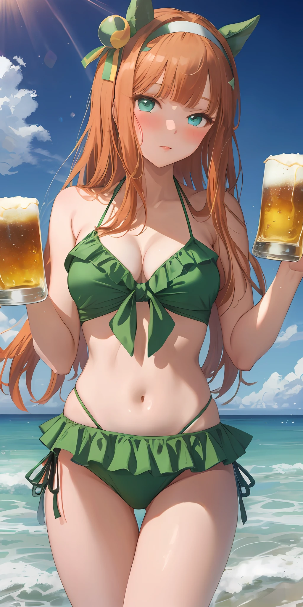 masterpiece, best quality, bewitching poses, woman holding beer glass, full body wide angle, blush, silence suzuka \(umamusume\),wearing a light green frilled bikini with a white base, black bow, ocean, sun, blue sky,
