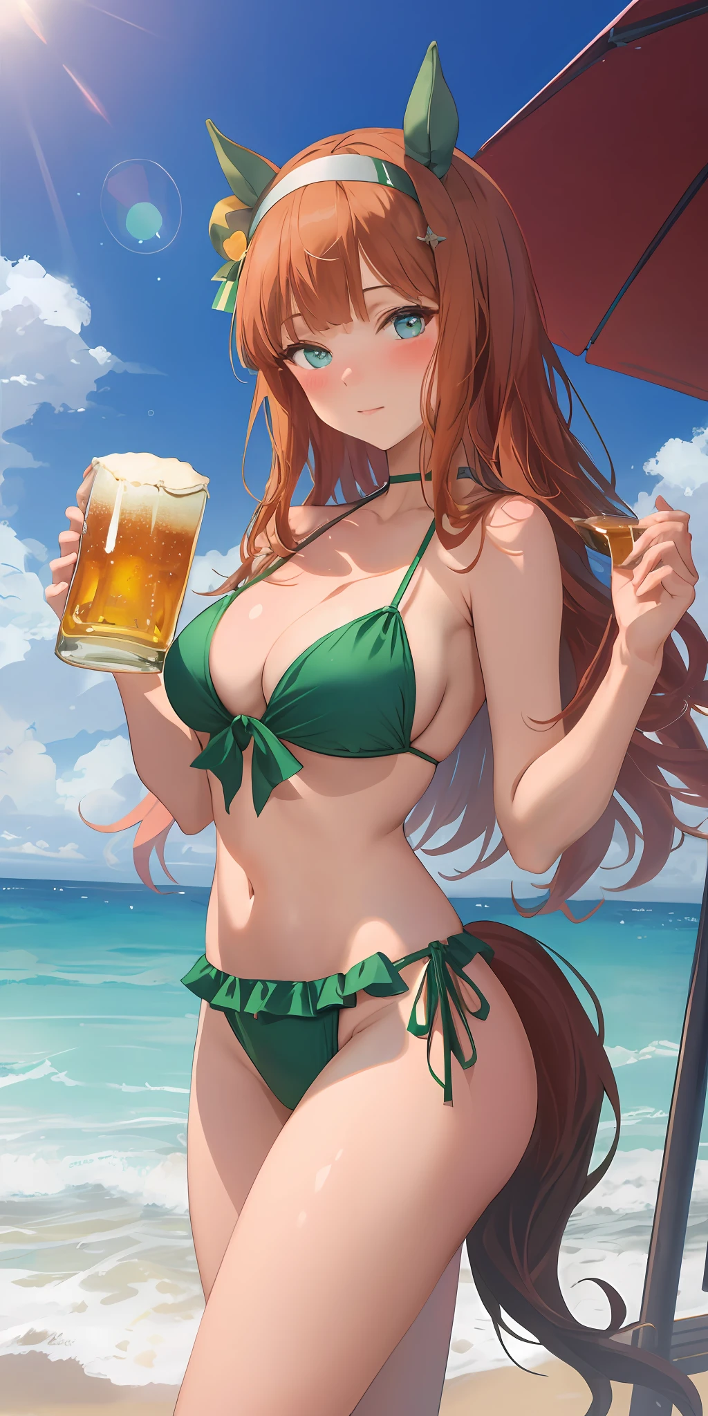 masterpiece, best quality, bewitching poses, woman holding beer glass, full body wide angle, blush, silence suzuka \(umamusume\),wearing a light green frilled bikini with a white base, black bow, ocean, sun, blue sky,