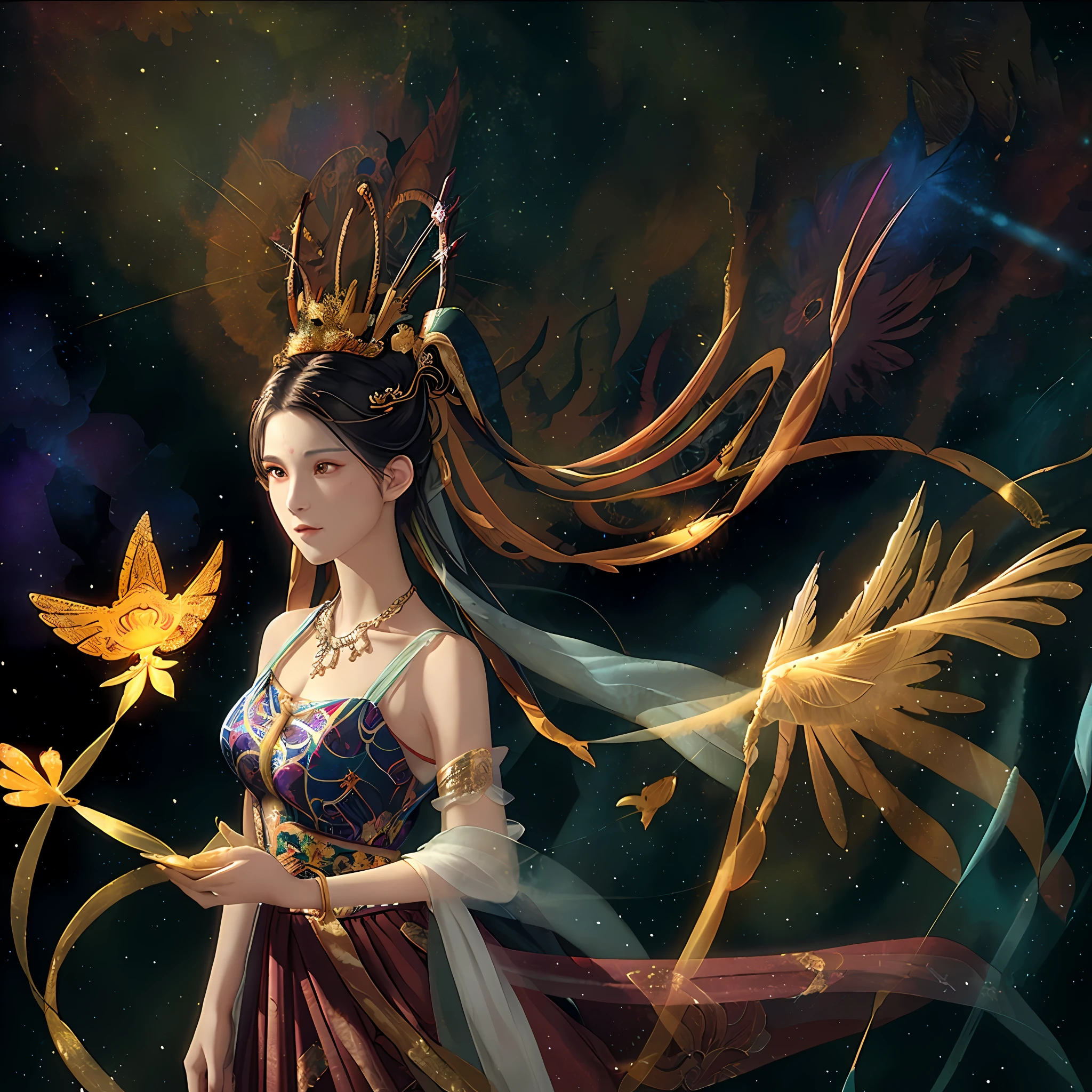 (Masterpiece, Top Quality, Best Quality, Extreme Detail, Supreme Detail, Official Art, Beauty and Aesthetics: 1.2), Colorful, Denim Lens, Upper Body Shot, Beautiful Face, Solo, Perfect Body, (On Sky Clouds: 1.6), Fairy, Flowing Streamers, Sun Rays, Clouds, Full Body, Hanfu, Chinese Clothes, White Dress, Water, Fireflies, Night, Starry Sky, Jewelry, Feathers on Dresses, Peacock Feathers, Light Particles, Volume Lighting, ray tracing (flowing streamers: 1.1), (fantasy novels: 1.2), illuminators, stars, fantasy, high contrast, ink strokes, overexposure, purple and red tone impressions, abstract, (watercolors by John Berkey and Jeremiman)) brush strokes,