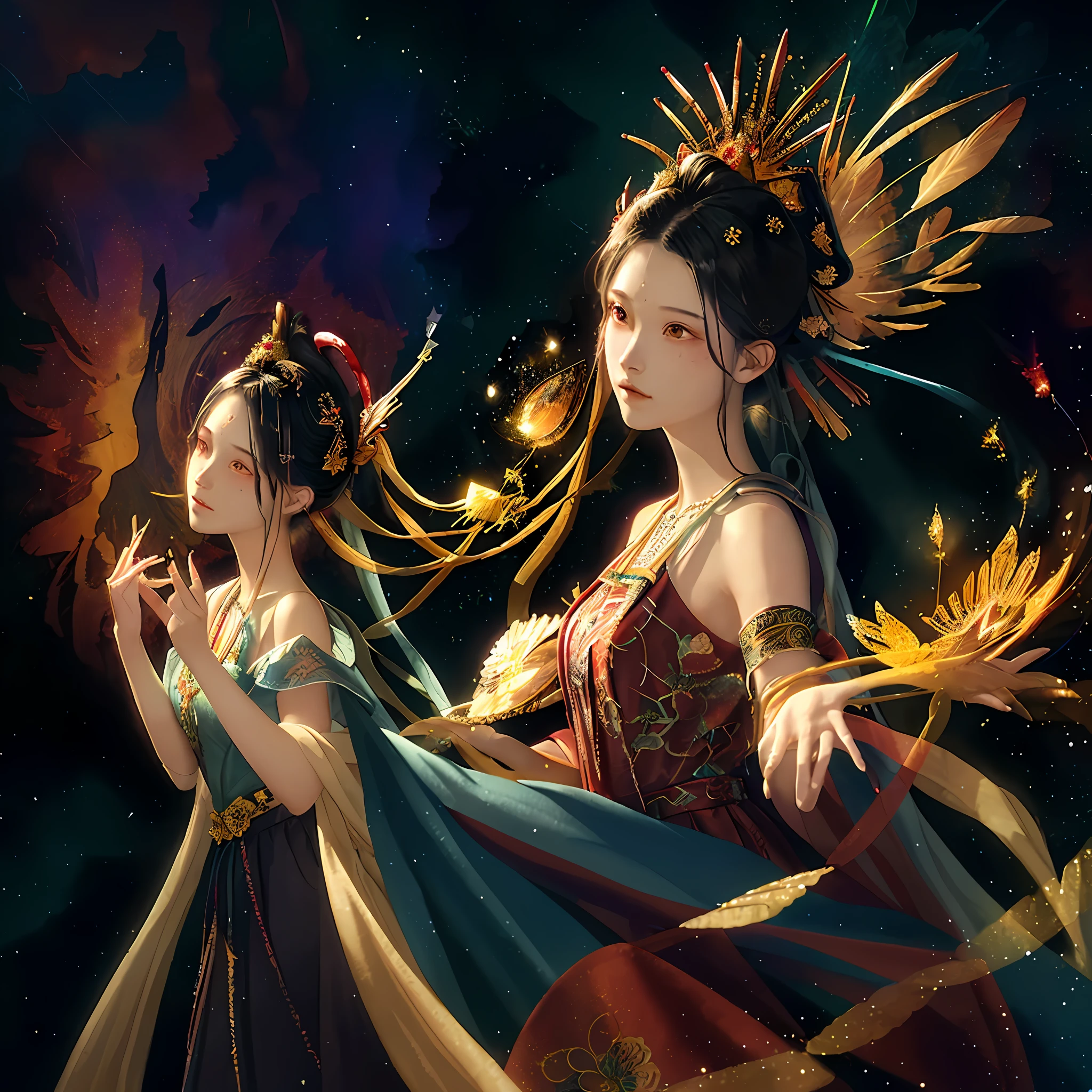 (Masterpiece, Top Quality, Best Quality, Extreme Detail, Supreme Detail, Official Art, Beauty and Aesthetics: 1.2), Colorful, Denim Lens, Upper Body Shot, Beautiful Face, Solo, Perfect Body, (On Sky Clouds: 1.6), Fairy, Flowing Streamers, Sun Rays, Clouds, Full Body, Hanfu, Chinese Clothes, White Dress, Water, Fireflies, Night, Starry Sky, Jewelry, Feathers on Dresses, Peacock Feathers, Light Particles, Volume Lighting, ray tracing (flowing streamers: 1.1), (fantasy novels: 1.2), illuminators, stars, fantasy, high contrast, ink strokes, overexposure, purple and red tone impressions, abstract, (watercolors by John Berkey and Jeremiman)) brush strokes,