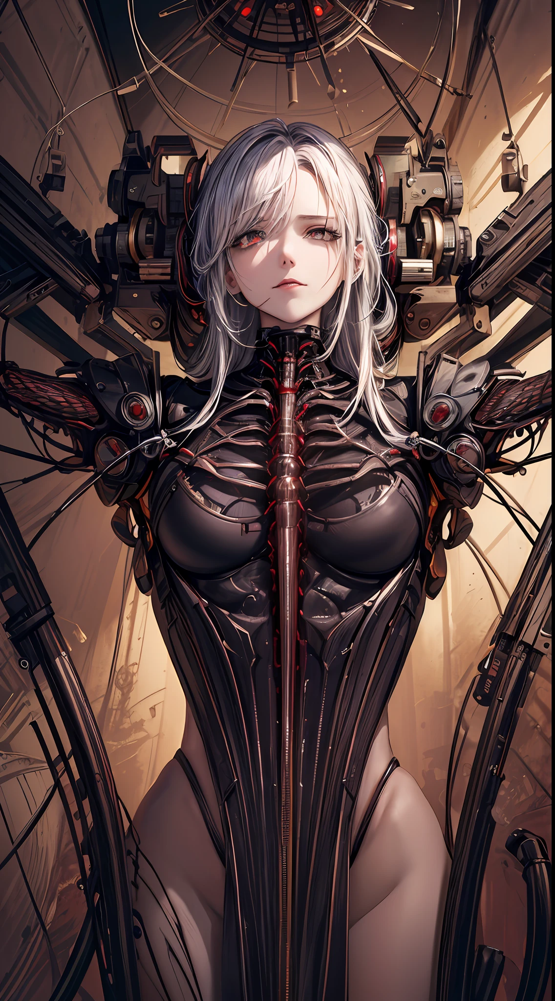 (((Masterpiece))), ((Best Quality)), (Super Detail), (CG Illustration), (Very Evil and Beautiful)), Cinematic Light, ((1 Mechanical Girl)), Single, (Mechanical Art: 1.4), ((Mechanical limb)), (Blood vessel attached to a tube), ((Mechanical spine attached to the back)), ((Mechanical cervical vertebrae attached to the neck), (Back to the viewer)), expressionless, ( Wires and cables attached to the head and body: 1.5), Science Fiction, Apocalypse, Ruins, (Lower Body Integrated with Mechanical Devices), (Blood: 1.5), Cruelty, Absurdity, Eroglotesque, Fusion with Machines, Doomsday Time, Super Future, Inorganic, Laboratory, Restraint, (Beautiful Indulgence: 1.2), (1 Girl: 1.3)