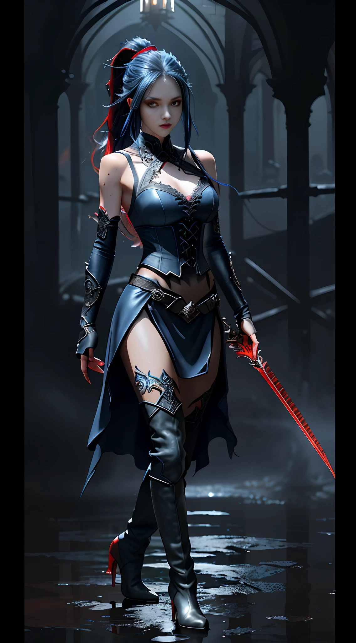 Wide hip, Perfect waist cut, Large breasts, Warrior girl with a falchion on hand, Skimpy organza clothes ,dark blue hair with red highlights, (perfect nose), Seductive gaze, Boots on high heels (Best Illustration), 8k Resolution, Intricate Details, Best Quality, Realistic, Ultra Detailed, Best Lighting, Best Shadows, Ultra HD, A Necromancer style, Night, Magic, Dark Style, Vampire, (shining red eyes:1.6), masterpiece, high_res, Beautiful face, tyndall effect, photo realistic, (high detailed skin:1.2), 8k uhd, dslr, high quality, Photograph, high resolution, 4k, 8k, Bokeh, absurdres, ponytail contorted, best ratio four finger and one thumb, front view, dark blue hair gorgeous, perfect proportional skinny fitness body, full body view, wet skin, wet clothes, dark cathedral baground scenery, huge bobs