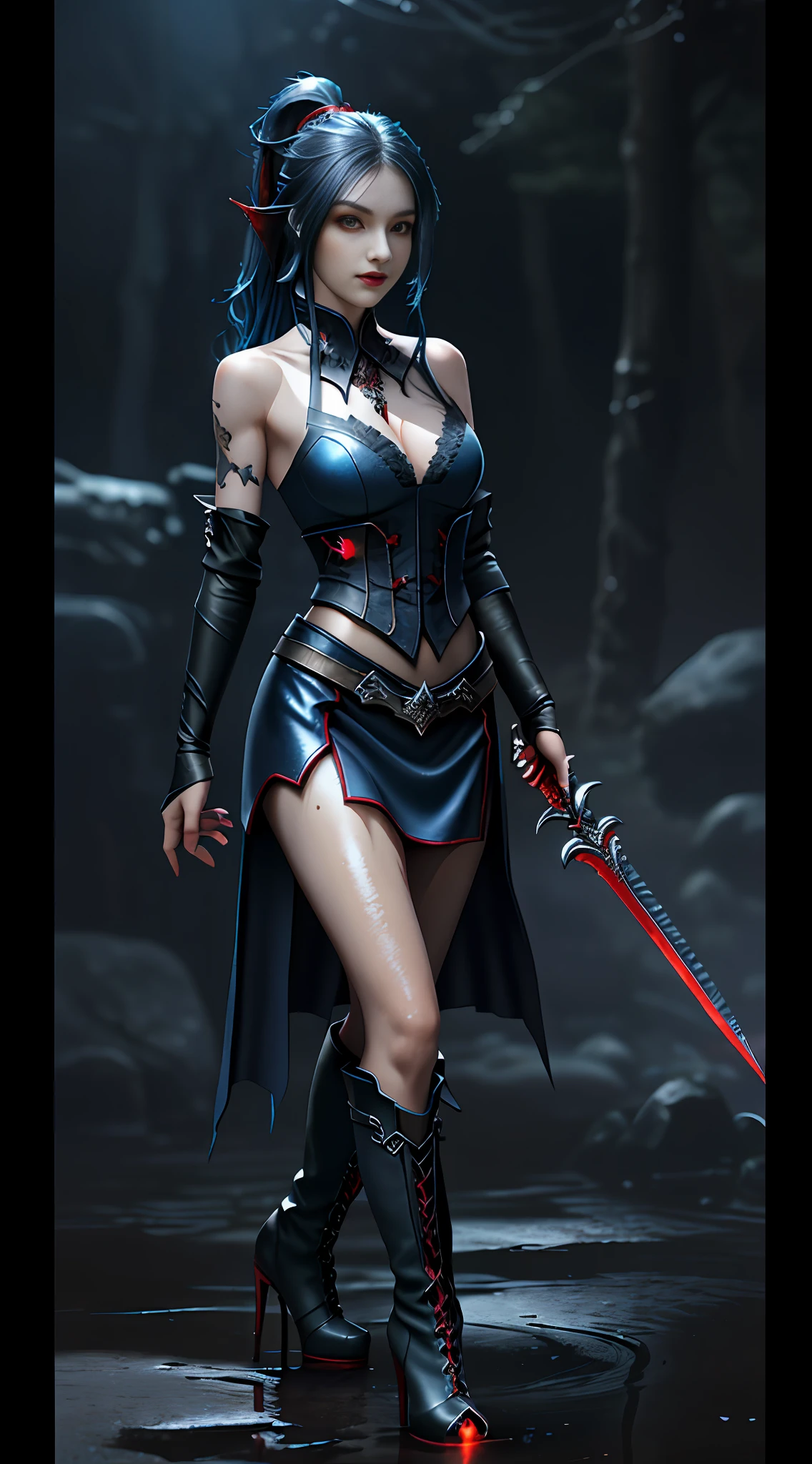 Wide hip, Perfect waist cut, Large breasts, Warrior girl with a falchion on hand, Skimpy organza clothes ,dark blue hair with red highlights, (perfect nose), Seductive gaze, Boots on high heels (Best Illustration), 8k Resolution, Intricate Details, Best Quality, Realistic, Ultra Detailed, Best Lighting, Best Shadows, Ultra HD, A Necromancer style, Night, Magic, Dark Style, Vampire, (shining red eyes:1.6), masterpiece, high_res, Beautiful face, tyndall effect, photo realistic, (high detailed skin:1.2), 8k uhd, dslr, high quality, Photograph, high resolution, 4k, 8k, Bokeh, absurdres, ponytail contorted, best ratio four finger and one thumb, front view, dark blue hair gorgeous, perfect proportional skinny fitness body, full body view, wet skin, wet clothes, dark cathedral baground scenery, huge bobs