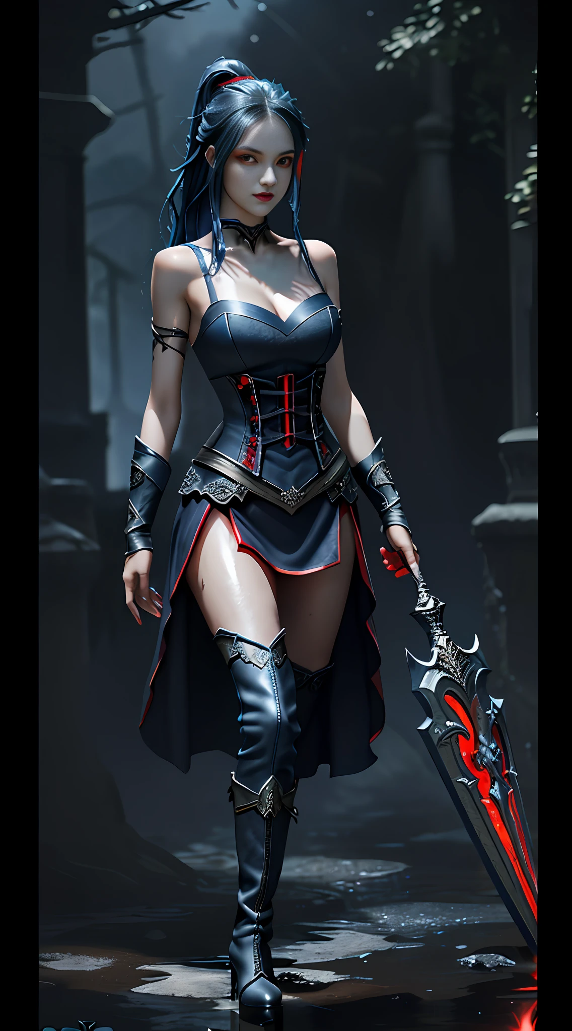 Wide hip, Perfect waist cut, Large breasts, Warrior girl with a falchion on hand,  Skimpy organza clothes ,dark blue hair with red highlights, (perfect nose), Seductive gaze, Boots on high heels (Best Illustration), 8k Resolution, Intricate Details, Best Quality, Realistic, Ultra Detailed, Best Lighting, Best Shadows, Ultra HD, A Necromancer style, Night, Magic, Dark Style, Vampire, (shining red eyes:1.6), masterpiece, high_res, Beautiful face, tyndall effect, photo realistic, (high detailed skin:1.2), 8k uhd, dslr, high quality, Photograph, high resolution, 4k, 8k, Bokeh, absurdres, ponytail contorted, best ratio four finger and one thumb, front view, dark blue hair gorgeous, perfect proportional skinny fitness body, full body view, wet skin, wet clothes, dark cathedral baground scenery, huge bobs